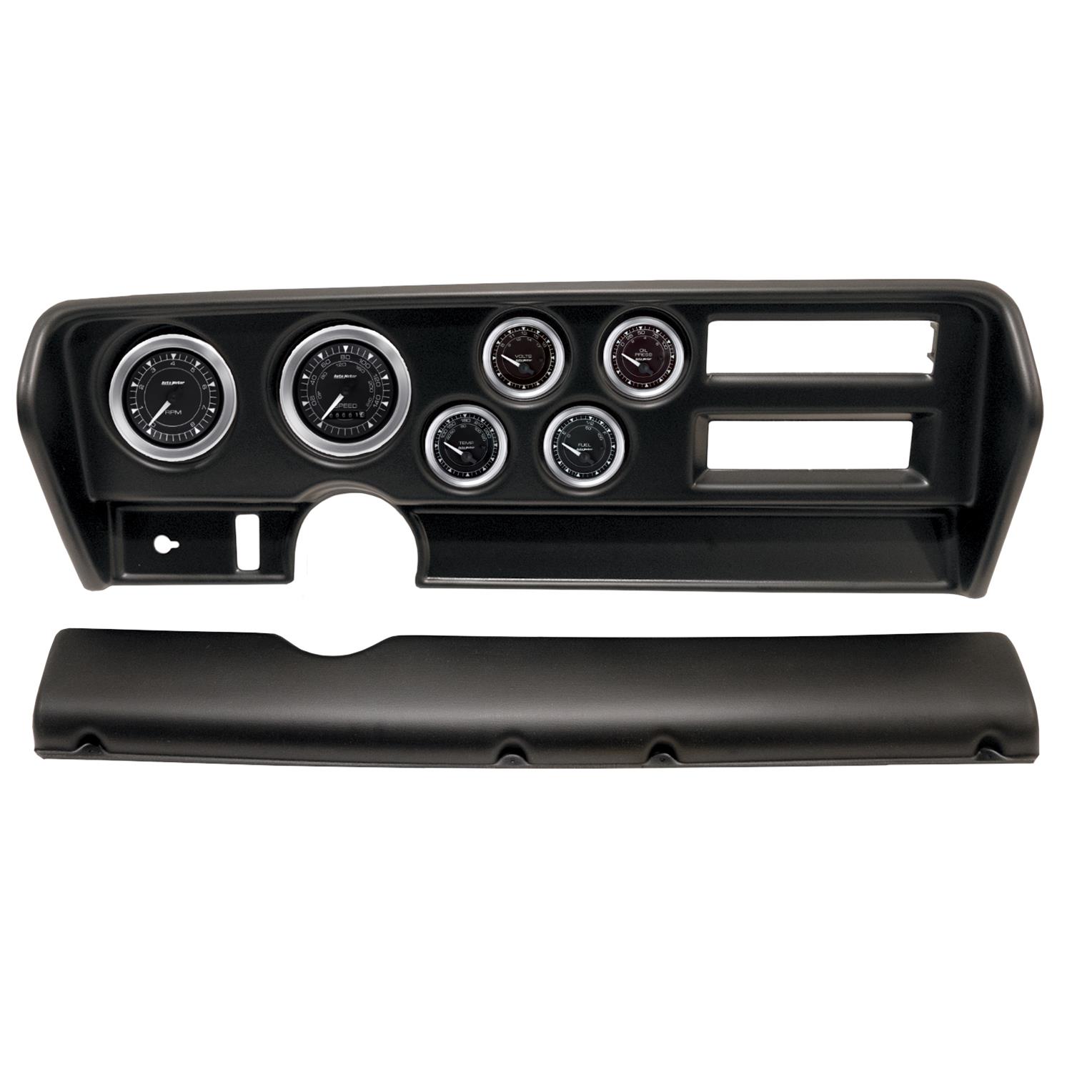AutoMeter Chrono Instrument Clusters for 1970-1972 GTO, LEMANS - 2915-04 Gauge Kit, Chrono, Analog, Black Face, Speedo, Tach, Oil, Water, Volt, Fuel, White Numbers and Pointers, Black Panel, Pontiac, With A/C, Kit
