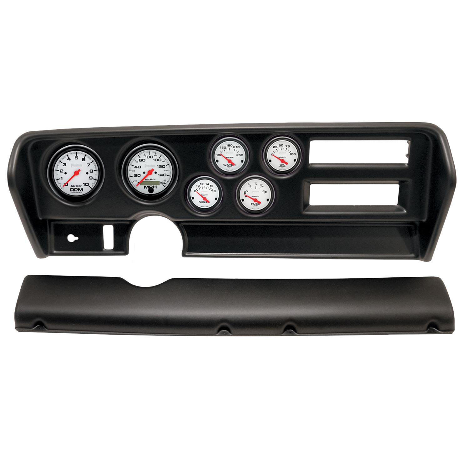 AutoMeter Phantom Instrument Clusters for 1970-1972 GTO, LEMANS - 2915-09 Gauge Kit, Phantom, Analog, White Face, Speedo, Tach, Oil, Water, Volt, Fuel, Black Numbers, Red Pointers, Black Panel, Pontiac, With A/C, Kit
