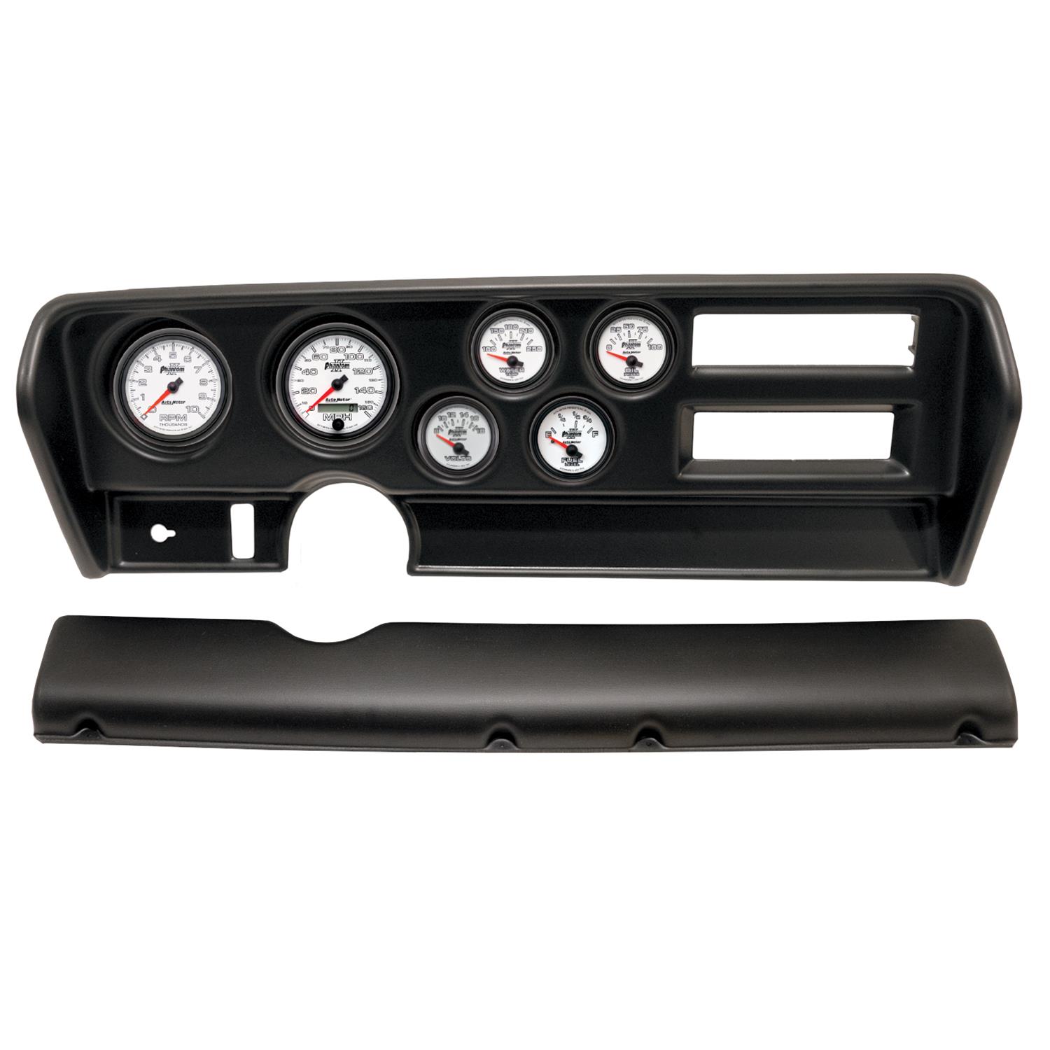 AutoMeter Phantom II Instrument Clusters for 1970-1972 GTO, LEMANS - 2915-10 Gauge Kit, II, Analog, White Face, Speedo, Tach, Oil, Water, Volt, Fuel, Silver Numbers, Red Pointers, Black Panel, Pontiac, With A/C, Kit