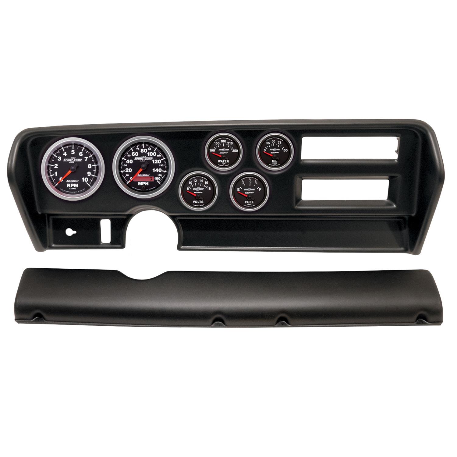 AutoMeter Sport-Comp II Instrument Clusters for 1970-1972 GTO, LEMANS - 2915-12 Gauge Kit, II, Analog, Black Face, Speedo, Tach, Oil, Water, Volt, Fuel, White Numbers, Red Pointers, Black Panel, Pontiac, With A/C, Kit