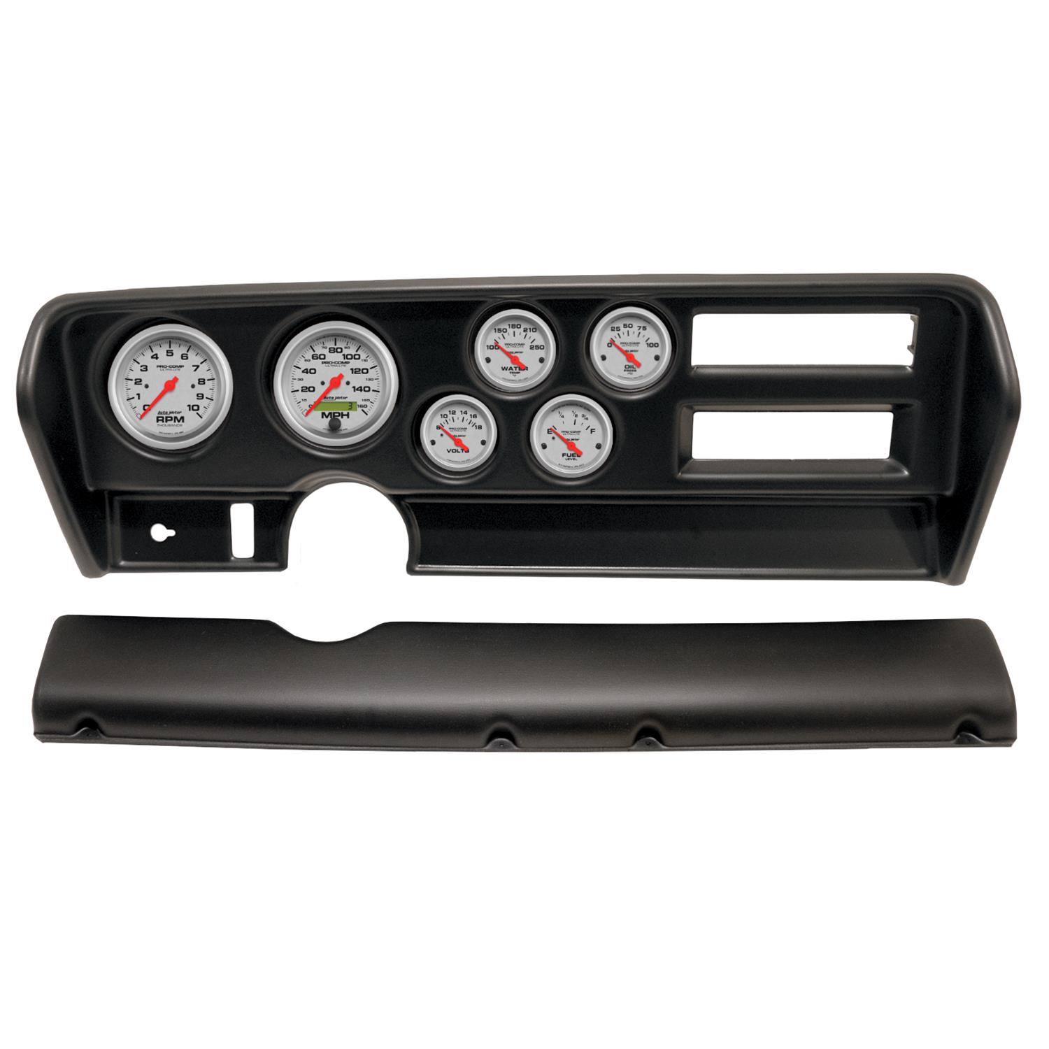 AutoMeter Ultra-Lite Instrument Clusters for 1970-1972 GTO, LEMANS - 2915-13 Gauge Kit, Ultra-Lite, Analog, Silver Face, Speedo, Tach, Oil, Water, Volt, Fuel, Black Numbers, Red Pointers, Black Panel, Pontiac, With A/C, Kit