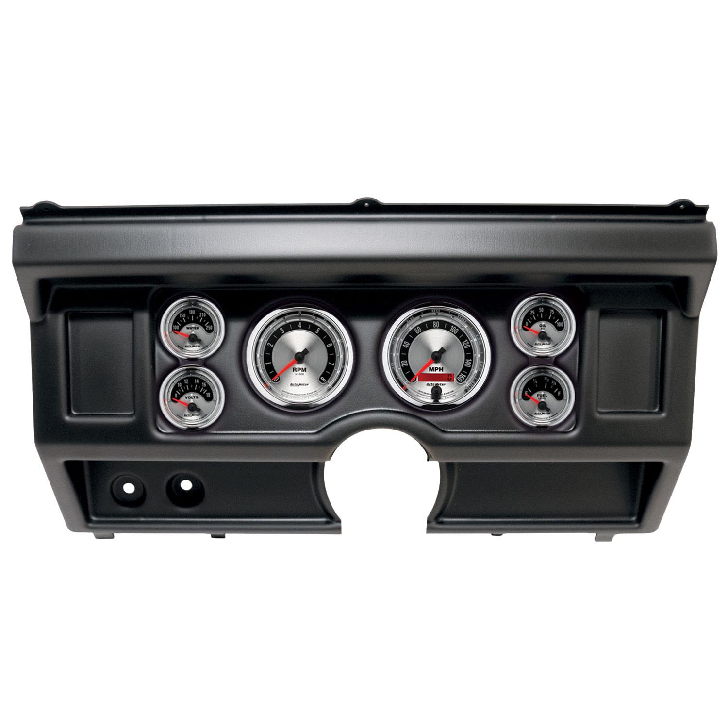 AutoMeter American Muscle Instrument Clusters 2918-01 Gauge Kit, Muscle, Analog, Silver Face, Speedo, Tach, Oil, Water, Volt, Fuel, White Numbers, Red Pointers, Black Panel, Ford, No A/C, Kit