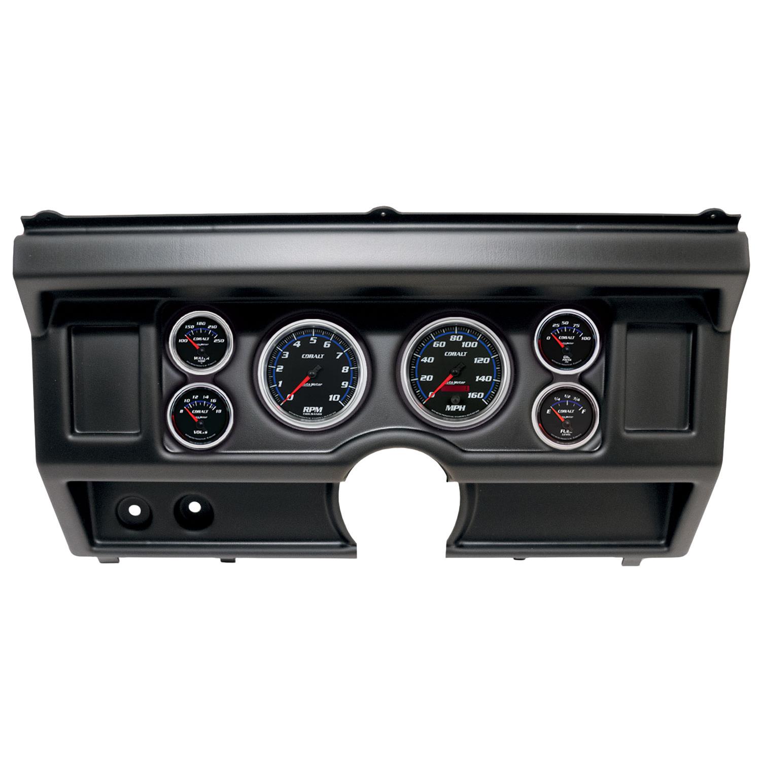 AutoMeter Cobalt Instrument Clusters 2918-05 Gauge Kit, Cobalt, Analog, Black Face, Speedo, Tach, Oil, Water, Volt, Fuel, White/Blue Numbers, Red Pointers, Black Panel, Ford, No A/C, Kit