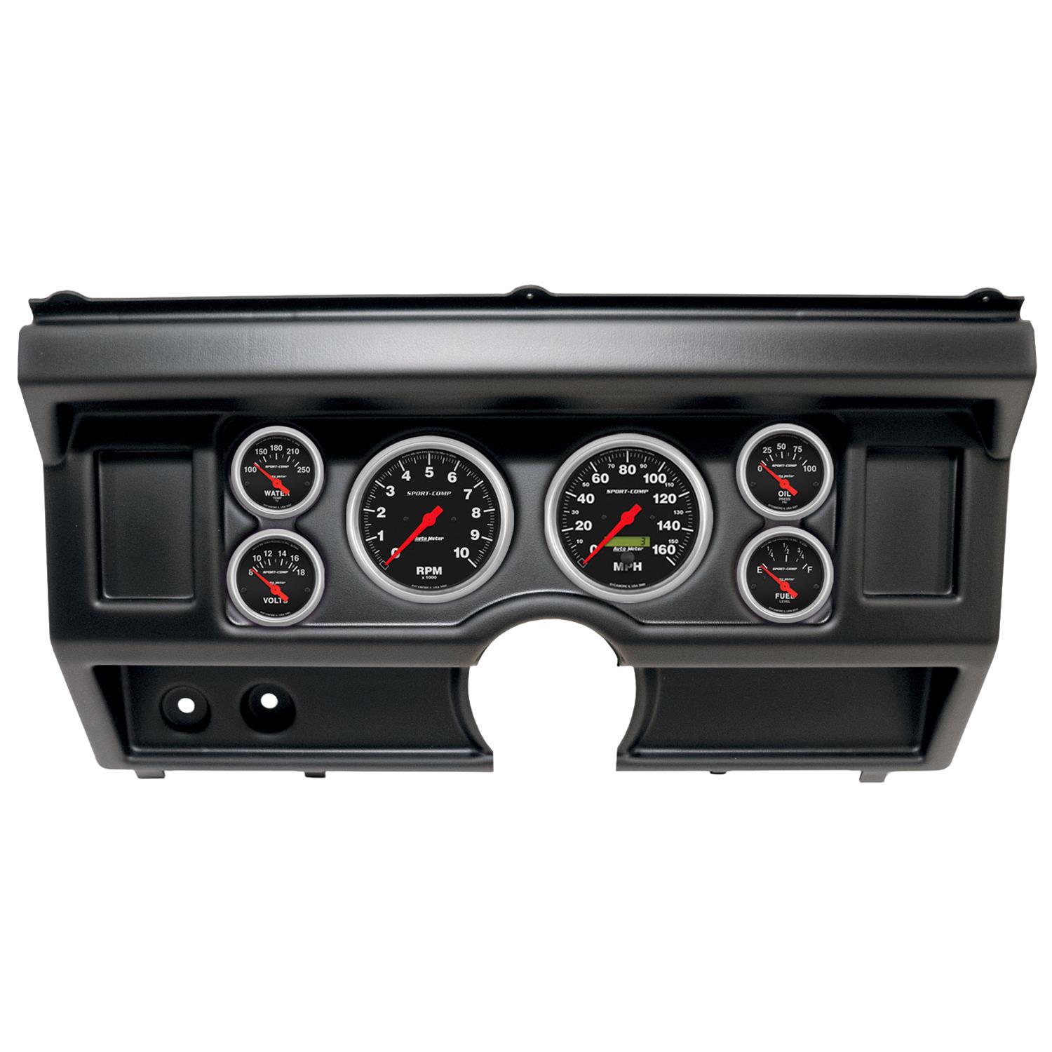 AutoMeter Sport-Comp Instrument Clusters 2918-11 Gauge Kit, Sport-Comp, Analog, Black Face, Speedo, Tach, Oil, Water, Volt, Fuel, White Numbers, Red Pointers, Black Panel, Ford, No A/C, Kit