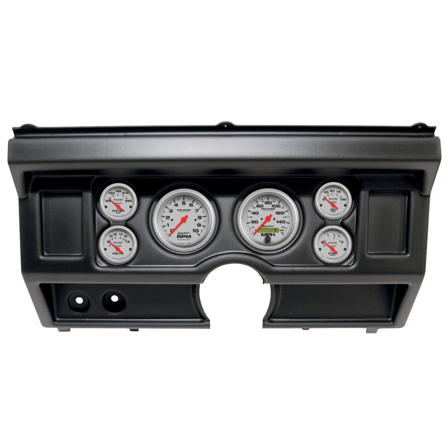 AutoMeter Ultra-Lite Instrument Clusters 2918-13 Gauge Kit, Ultra-Lite, Analog, Silver Face, Speedo, Tach, Oil, Water, Volt, Fuel, Black Numbers, Red Pointers, Black Panel, Ford, No A/C, Kit