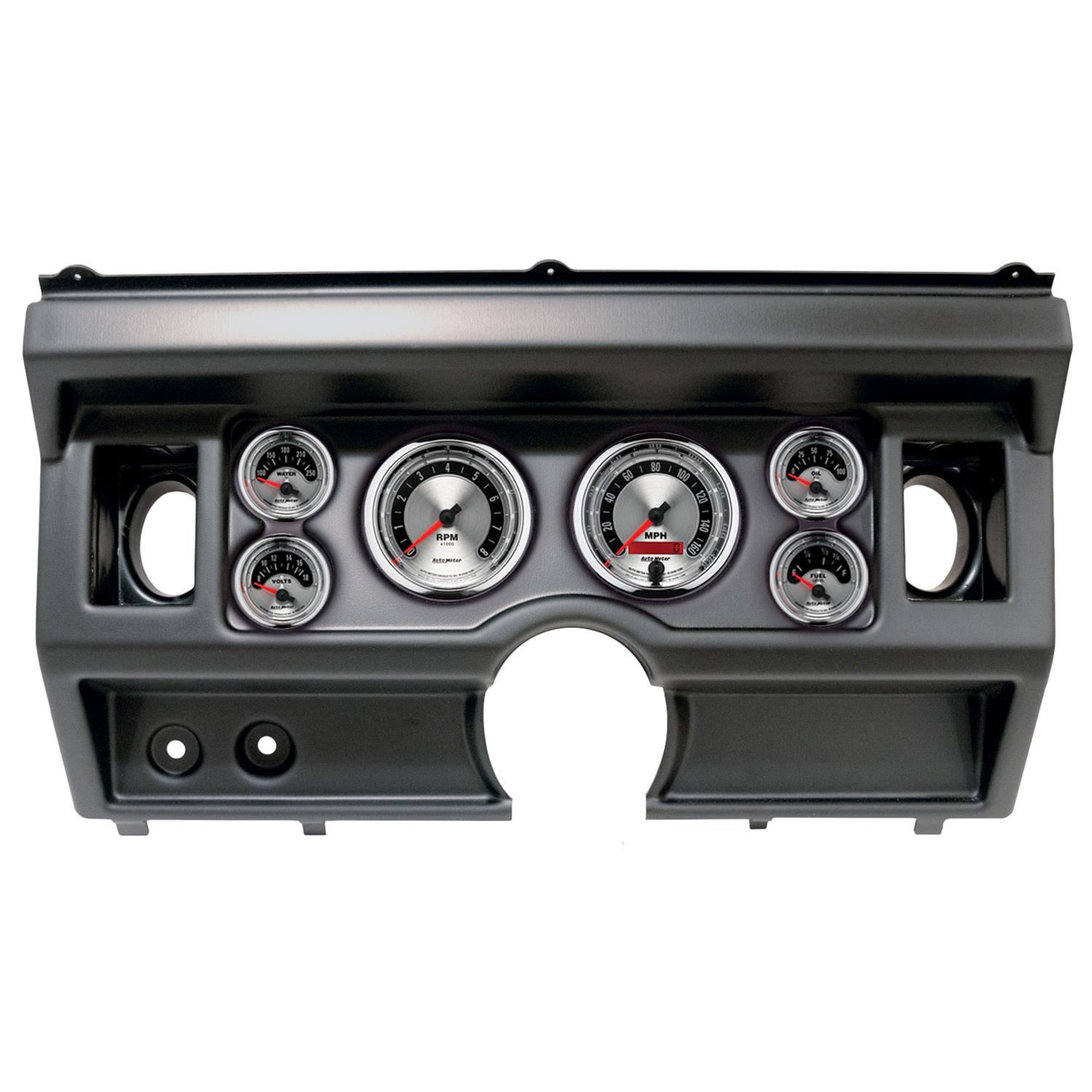 AutoMeter American Muscle Instrument Clusters 2919-01 Gauge Kit, Muscle, Analog, Silver Face, Speedo, Tach, Oil, Water, Volt, Fuel, White Numbers, Red Pointers, Black Panel, Ford, With A/C, Kit