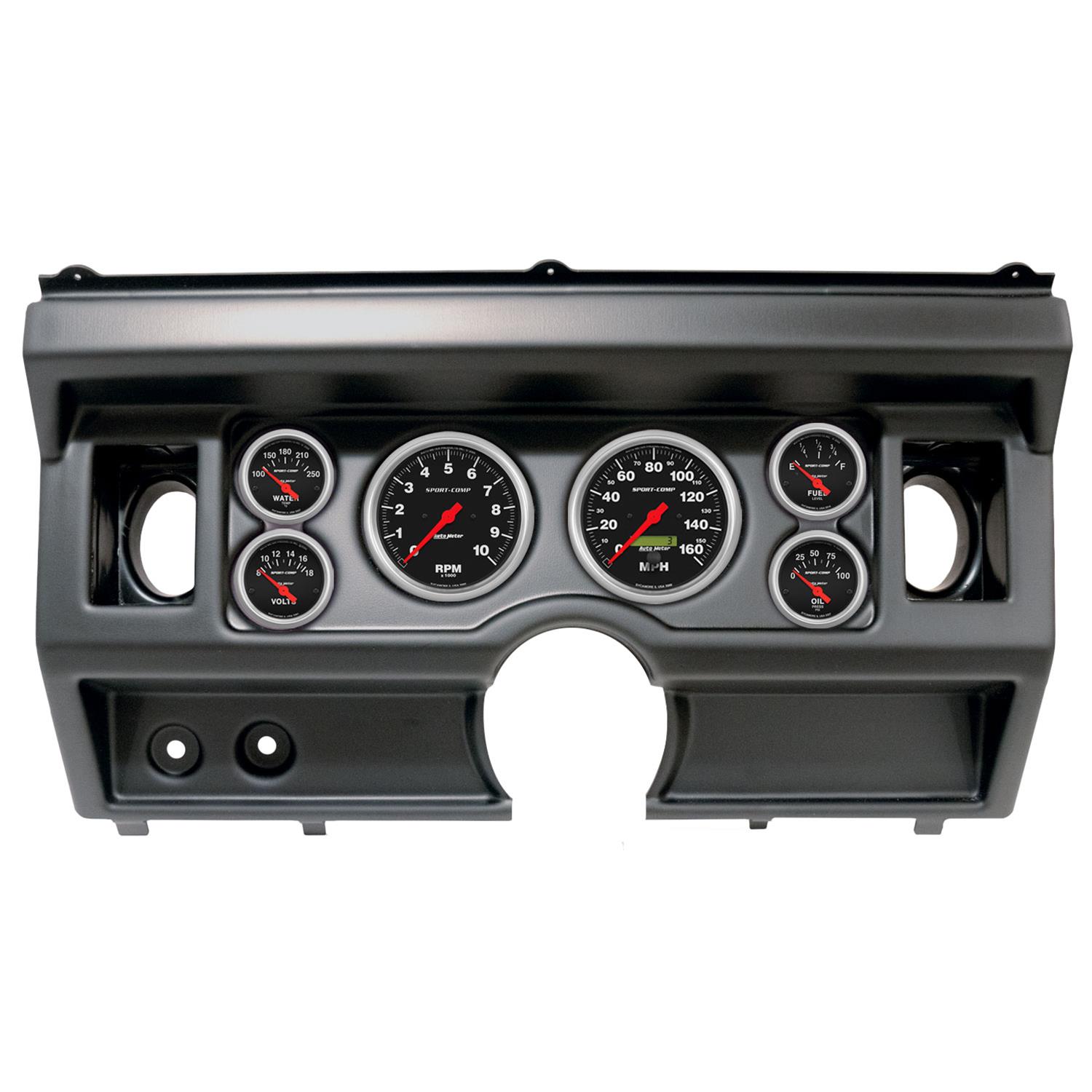 AutoMeter Sport-Comp Instrument Clusters 2919-11 Gauge Kit, Sport-Comp, Analog, Black Face, Speedo, Tach, Oil, Water, Volt, Fuel, White Numbers, Red Pointers, Black Panel, Ford, With A/C, Kit