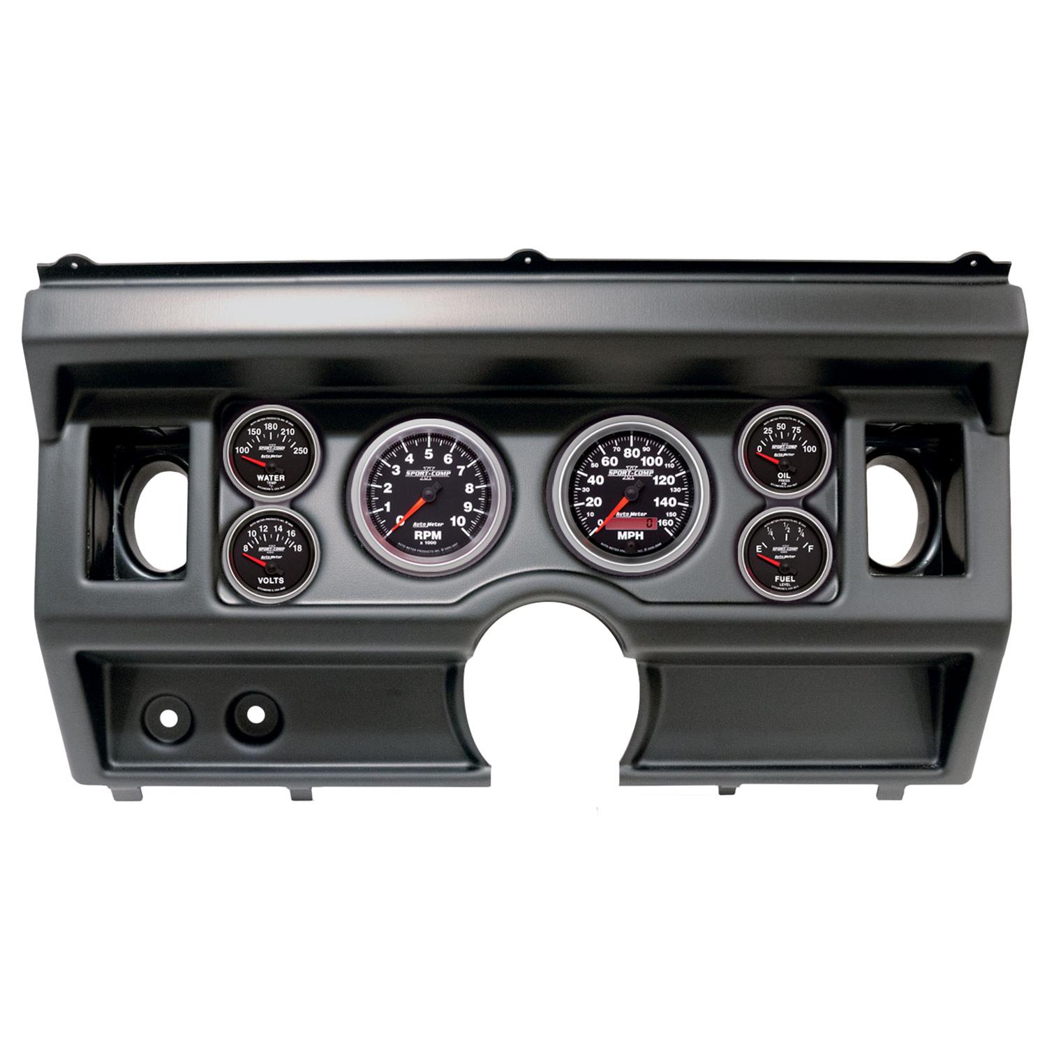 AutoMeter Sport-Comp II Instrument Clusters 2919-12 Gauge Kit, II, Analog, Black Face, Speedo, Tach, Oil, Water, Volt, Fuel, White Numbers, Red Pointers, Black Panel, Ford, With A/C, Kit