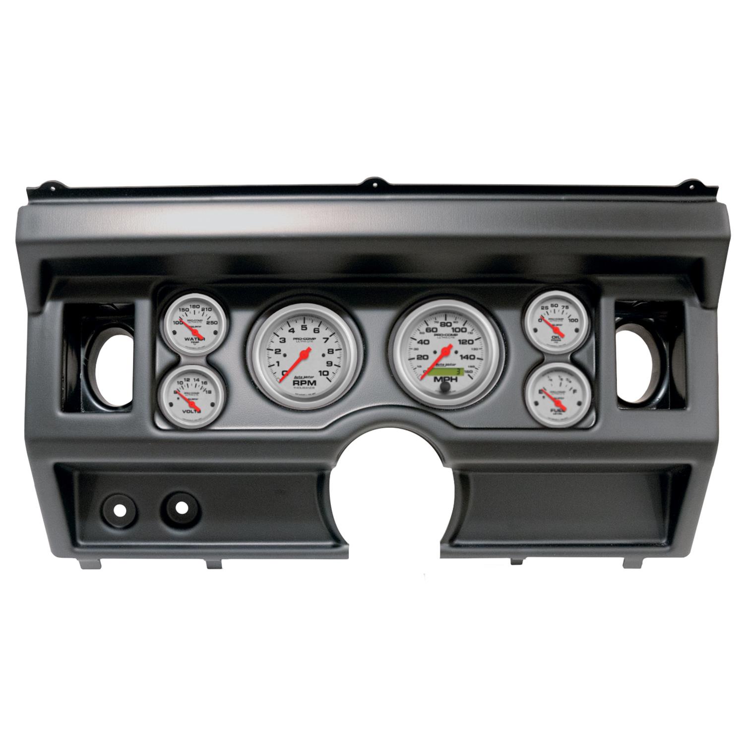 AutoMeter Ultra-Lite Instrument Clusters 2919-13 Gauge Kit, Ultra-Lite, Analog, Silver Face, Speedo, Tach, Oil, Water, Volt, Fuel, Black Numbers, Red Pointers, Black Panel, Ford, With A/C, Kit