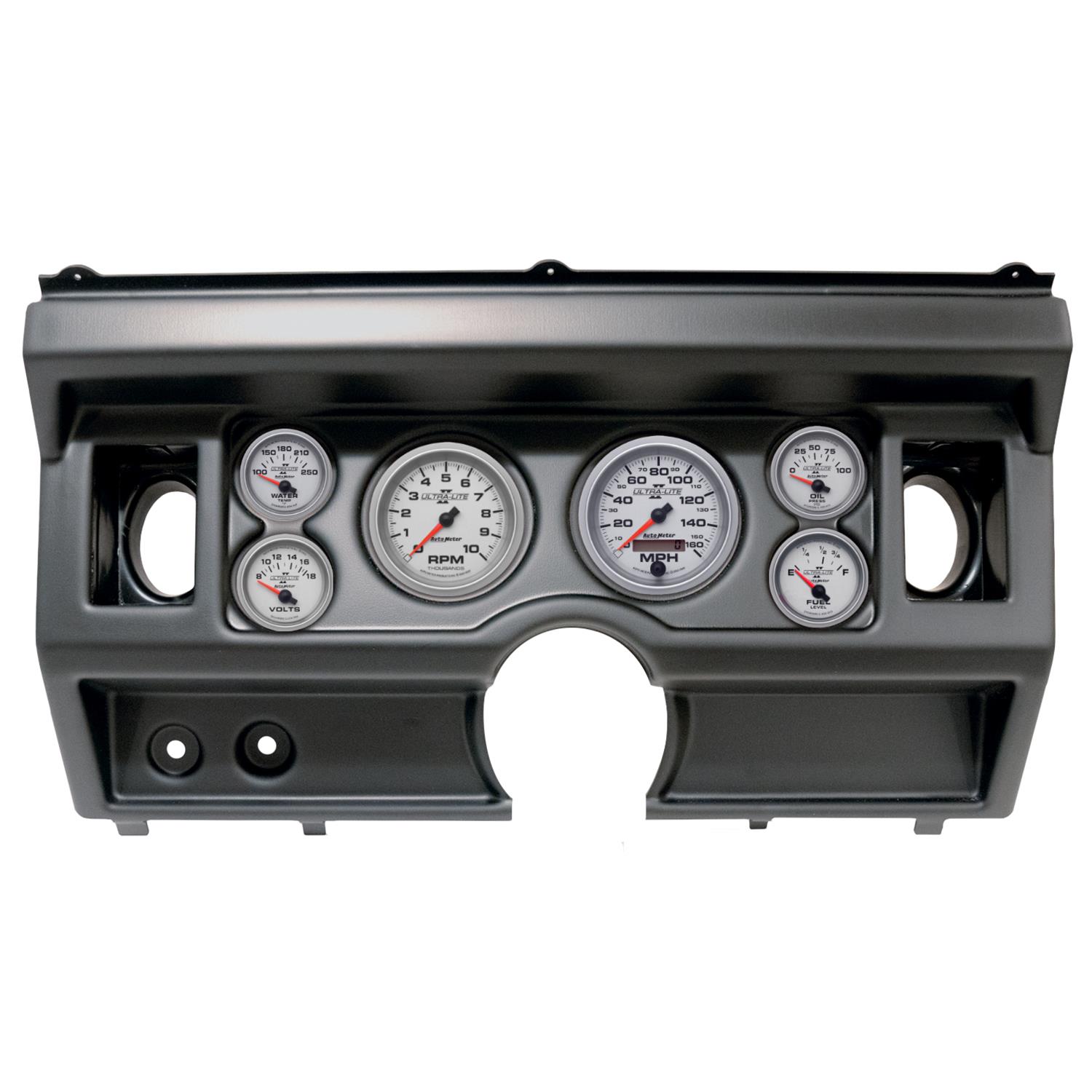 AutoMeter Ultra-Lite II Instrument Clusters 2919-14 Gauge Kit, II, Analog, Silver Face, Speedo, Tach, Oil, Water, Volt, Fuel, Black Numbers, Red Pointers, Black Panel, Ford, With A/C, Kit