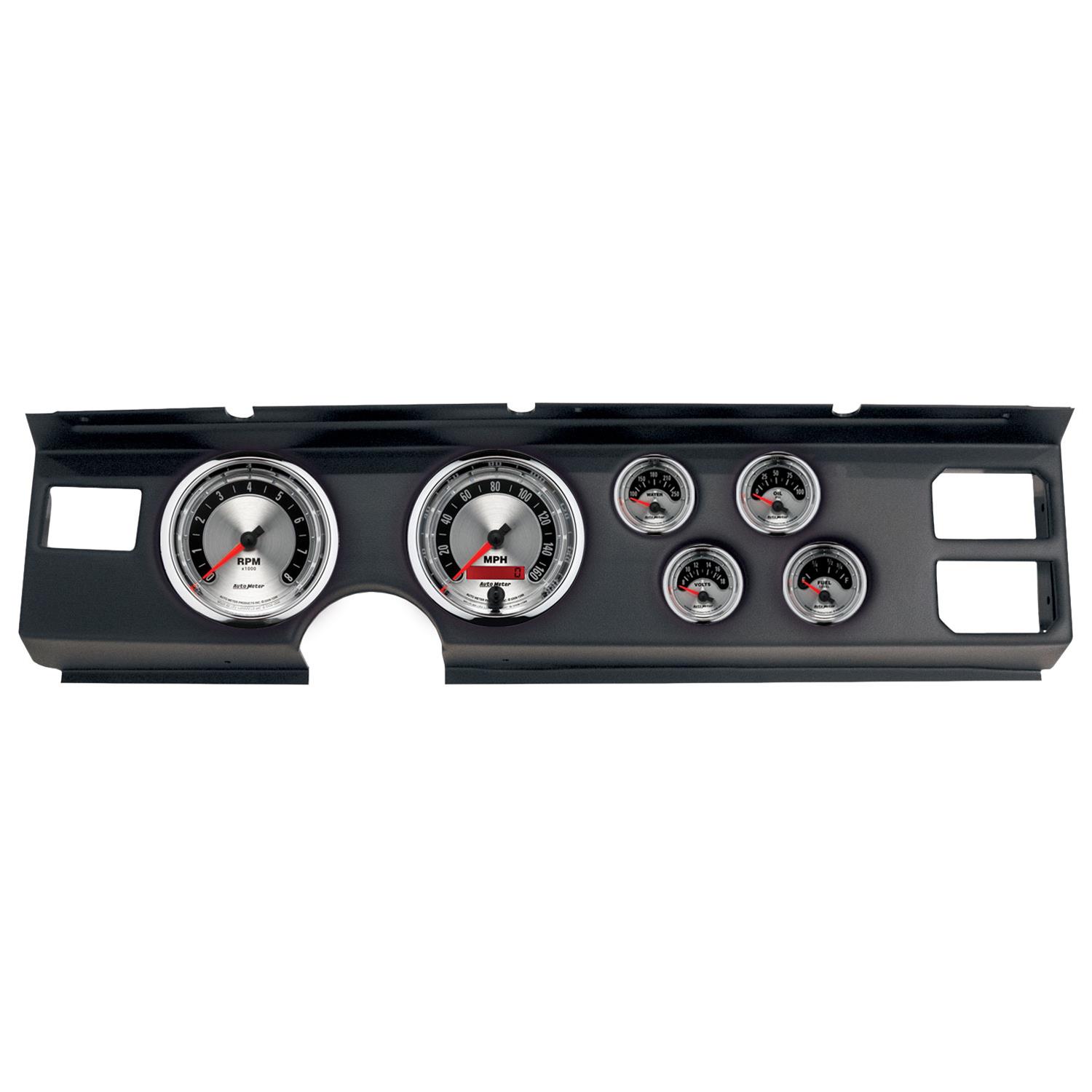 AutoMeter American Muscle Instrument Clusters for 1982-1984 FIREBIRD - 2920-01 Gauge Kit, Muscle, Analog, Silver Face, Speedo, Tach, Oil, Water, Volt, Fuel, White Numbers, Red Pointers, Black Panel, Pontiac, Kit