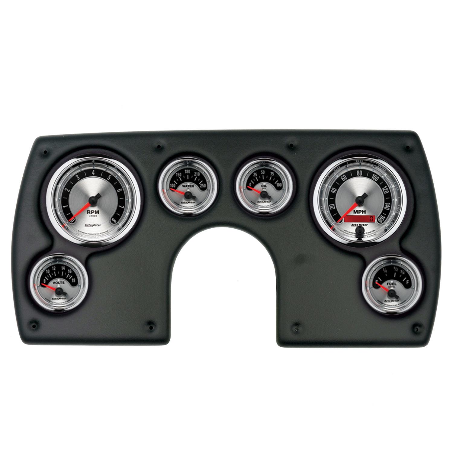 AutoMeter American Muscle Instrument Clusters for 1982-1989 CAMARO - 2921-01 Gauge Kit, Muscle, Analog, Silver Face, Speedo, Tach, Oil, Water, Volt, Fuel, White Numbers, Red Pointers, Black Panel, Chevy, Kit