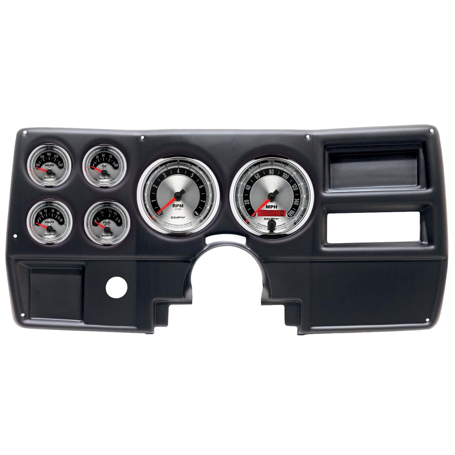 AutoMeter American Muscle Instrument Clusters 2922-01 Gauge Kit, Muscle, Analog, Silver Face, Speedo, Tach, Oil, Water, Volt, Fuel, White Numbers, Red Pointers, Black Panel, Chevy, No Vent, Kit