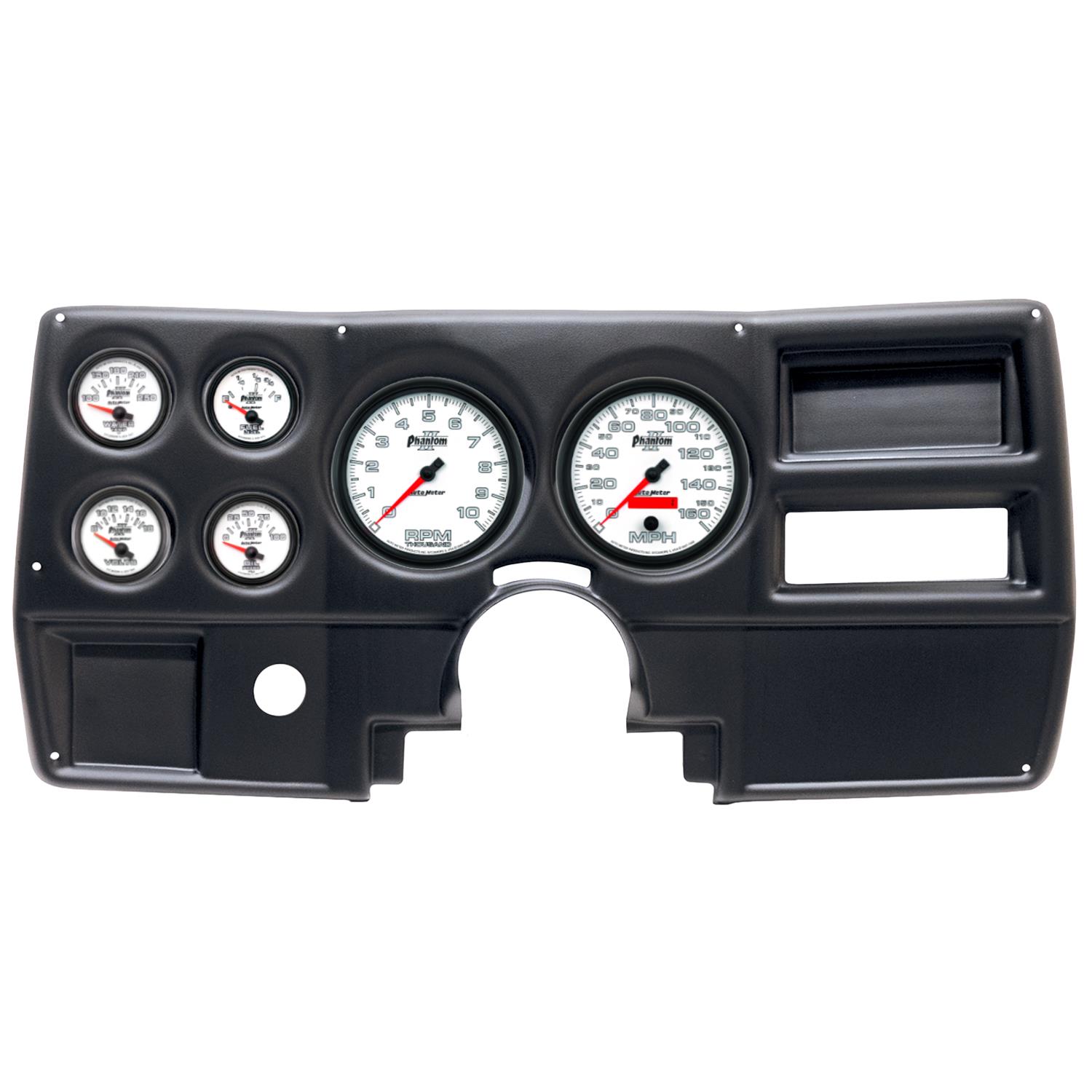 AutoMeter Phantom II Instrument Clusters 2922-10 Gauge Kit, II, Analog, White Face, Speedo, Tach, Oil, Water, Volt, Fuel, Silver Numbers, Red Pointers, Black Panel, Chevy, No Vent, Kit