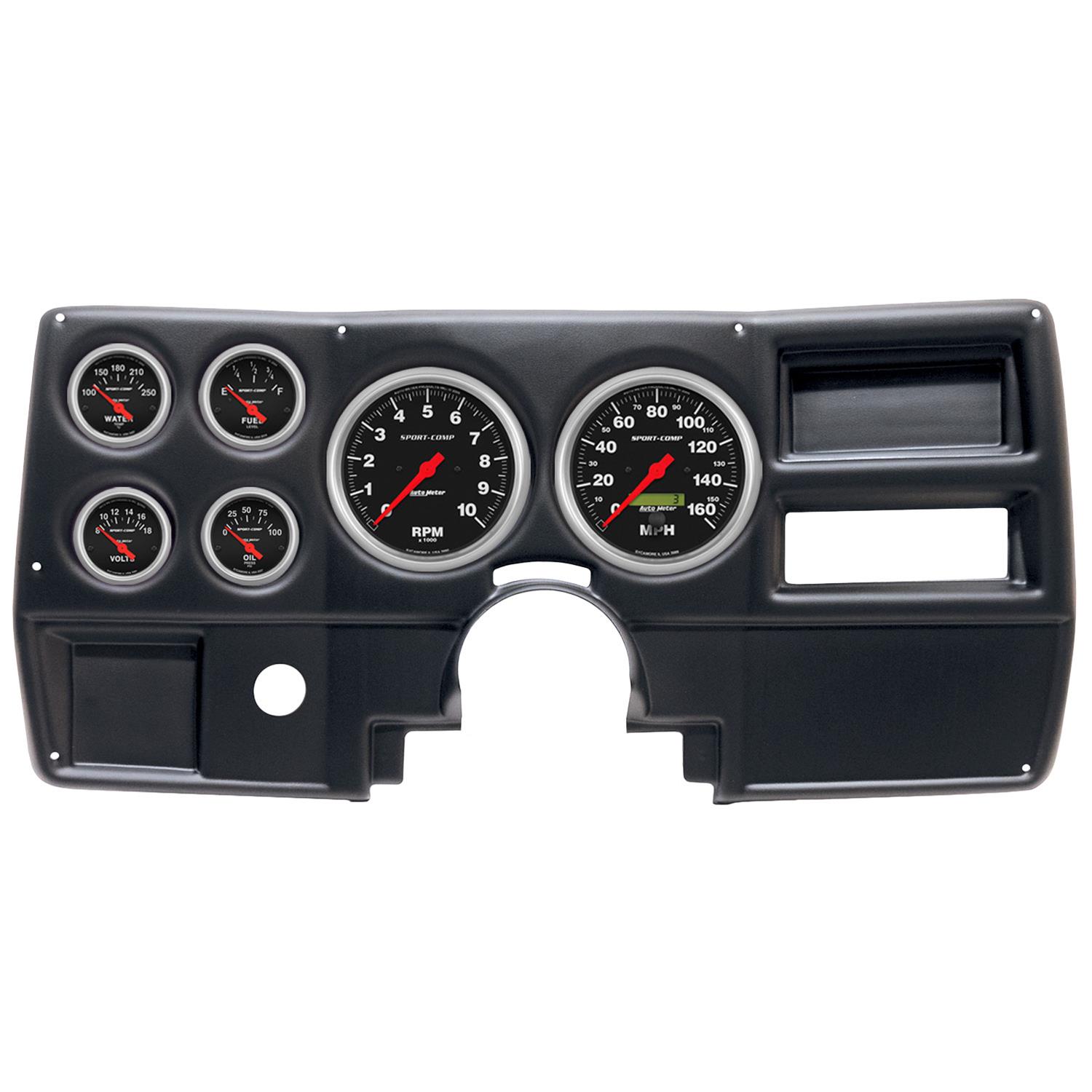 AutoMeter Sport-Comp Instrument Clusters 2922-11 Gauge Kit, Sport-Comp, Analog, Black Face, Speedo, Tach, Oil, Water, Volt, Fuel, White Numbers, Red Pointers, Black Panel, Chevy, No Vent, Kit