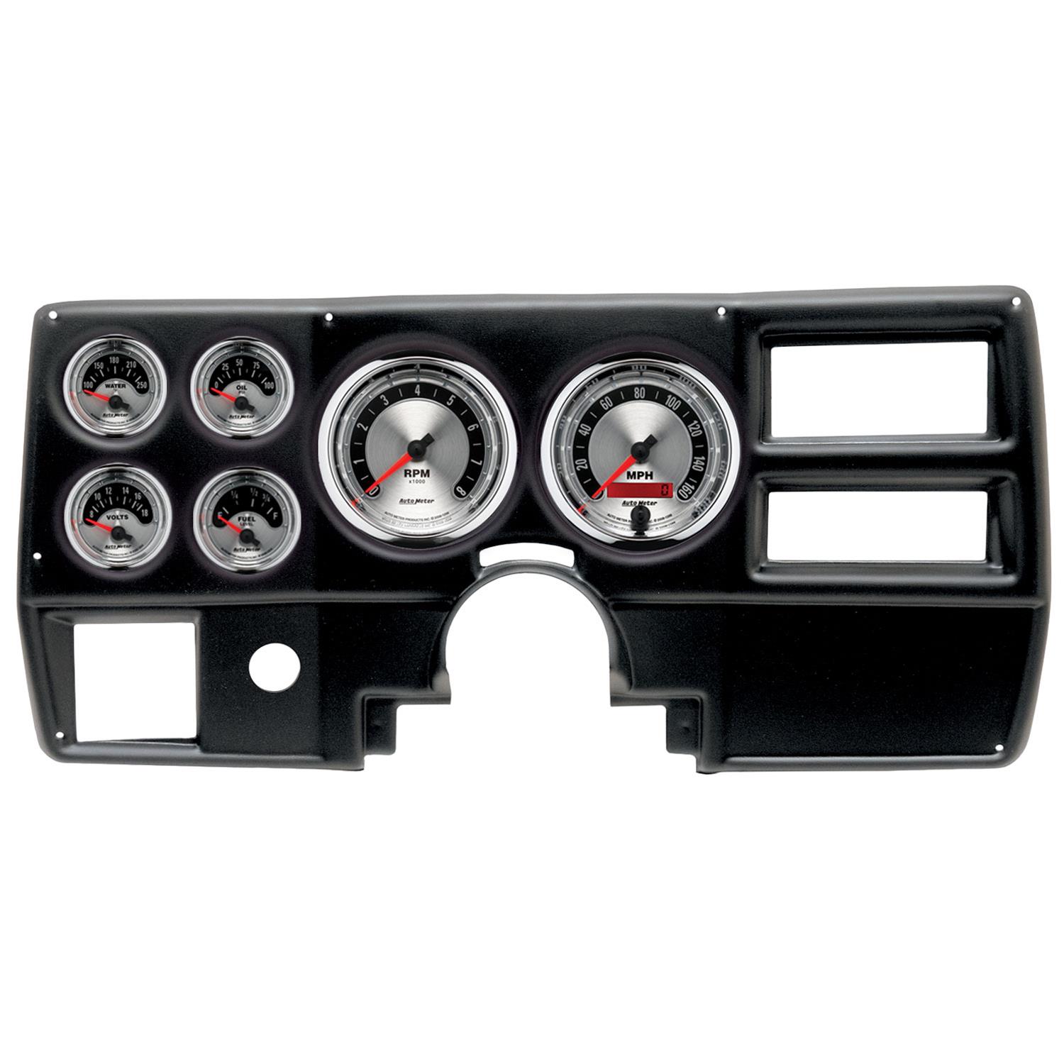 AutoMeter American Muscle Instrument Clusters 2923-01 Gauge Kit, Muscle, Analog, Silver Face, Speedo, Tach, Oil, Water, Volt, Fuel, White Numbers, Red Pointers, Black Panel, Chevy, With A/C, Kit