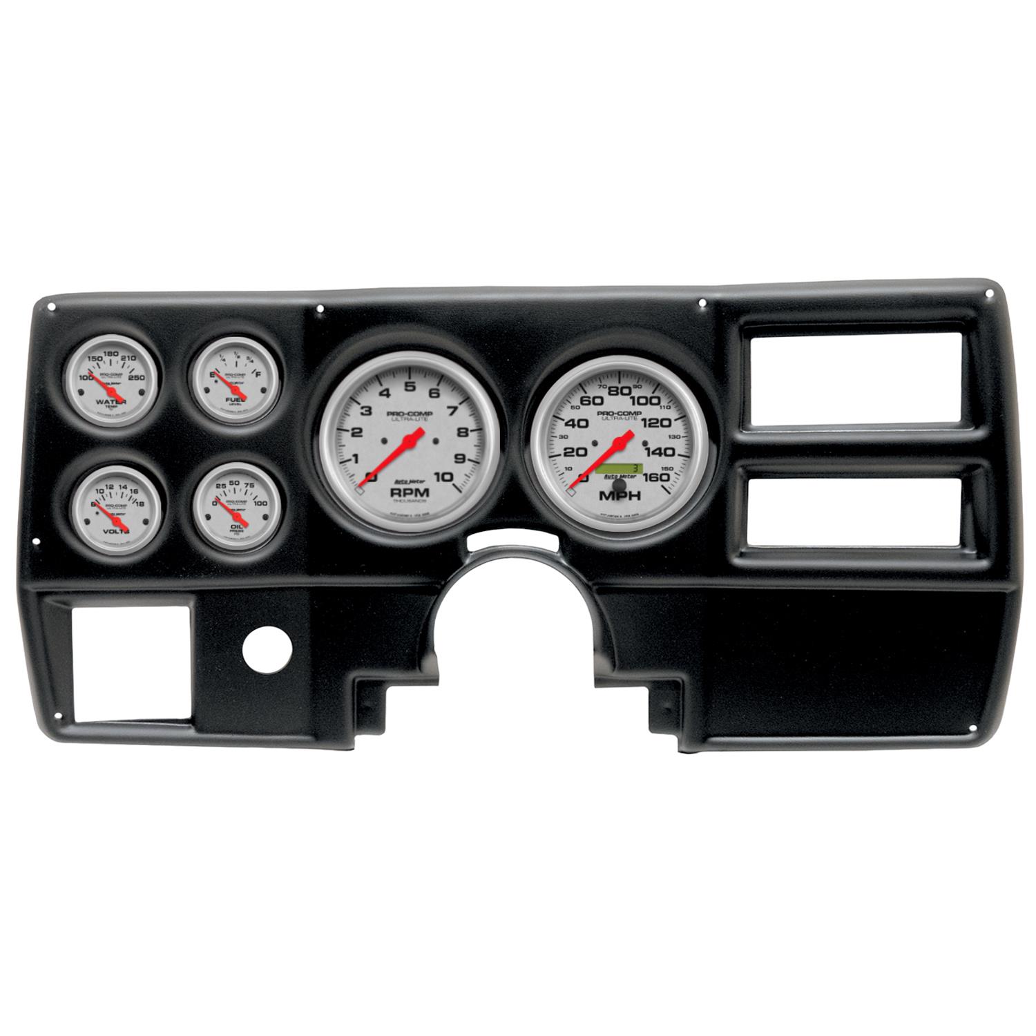 AutoMeter Ultra-Lite Instrument Clusters 2923-13 Gauge Kit, Ultra-Lite, Analog, Silver Face, Speedo, Tach, Oil, Water, Volt, Fuel, Black Numbers, Red Pointers, Black Panel, Chevy, With A/C, Kit