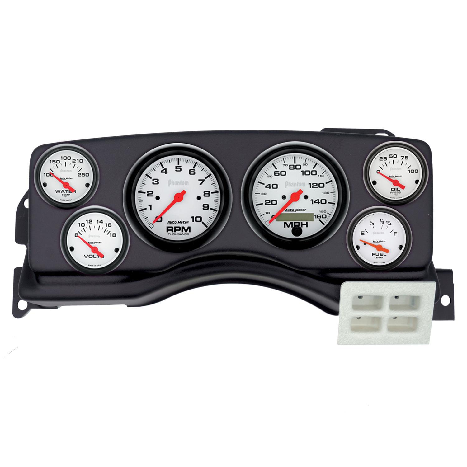 AutoMeter Phantom Instrument Clusters for 1987-1989 MUSTANG - 2924-09 Gauge Kit, Phantom, Analog, White Face, Speedometer, Tach, Oil, Water, Volt, Fuel, Black Numbers, Red Pointers, Black Panel, Ford, Kit