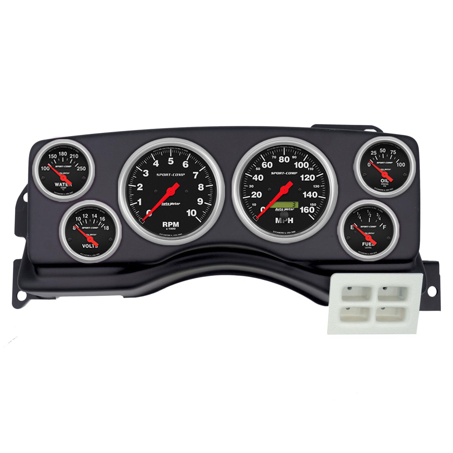 AutoMeter Sport-Comp Instrument Clusters for 1987-1989 MUSTANG - 2924-11 Gauge Kit, Sport-Comp, Analog, Black Face, Speedometer, Tach, Oil, Water, Volt, Fuel, White Numbers, Red Pointers, Black Panel, Ford, Kit