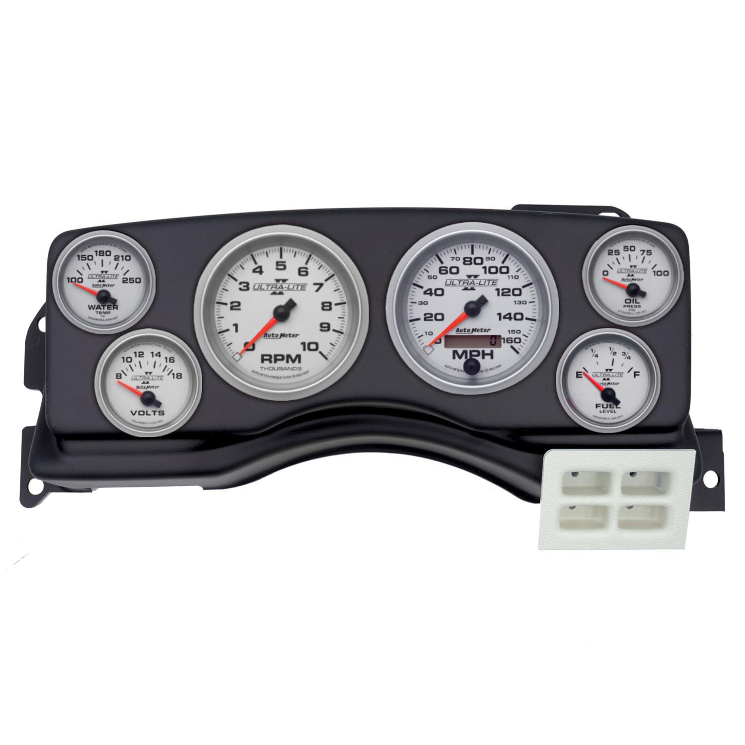 AutoMeter Ultra-Lite II Instrument Clusters for 1987-1989 MUSTANG - 2924-14 Gauge Kit, II, Analog, Silver Face, Speedometer, Tach, Oil, Water, Volt, Fuel, Black Numbers, Red Pointers, Black Panel, Ford, Kit