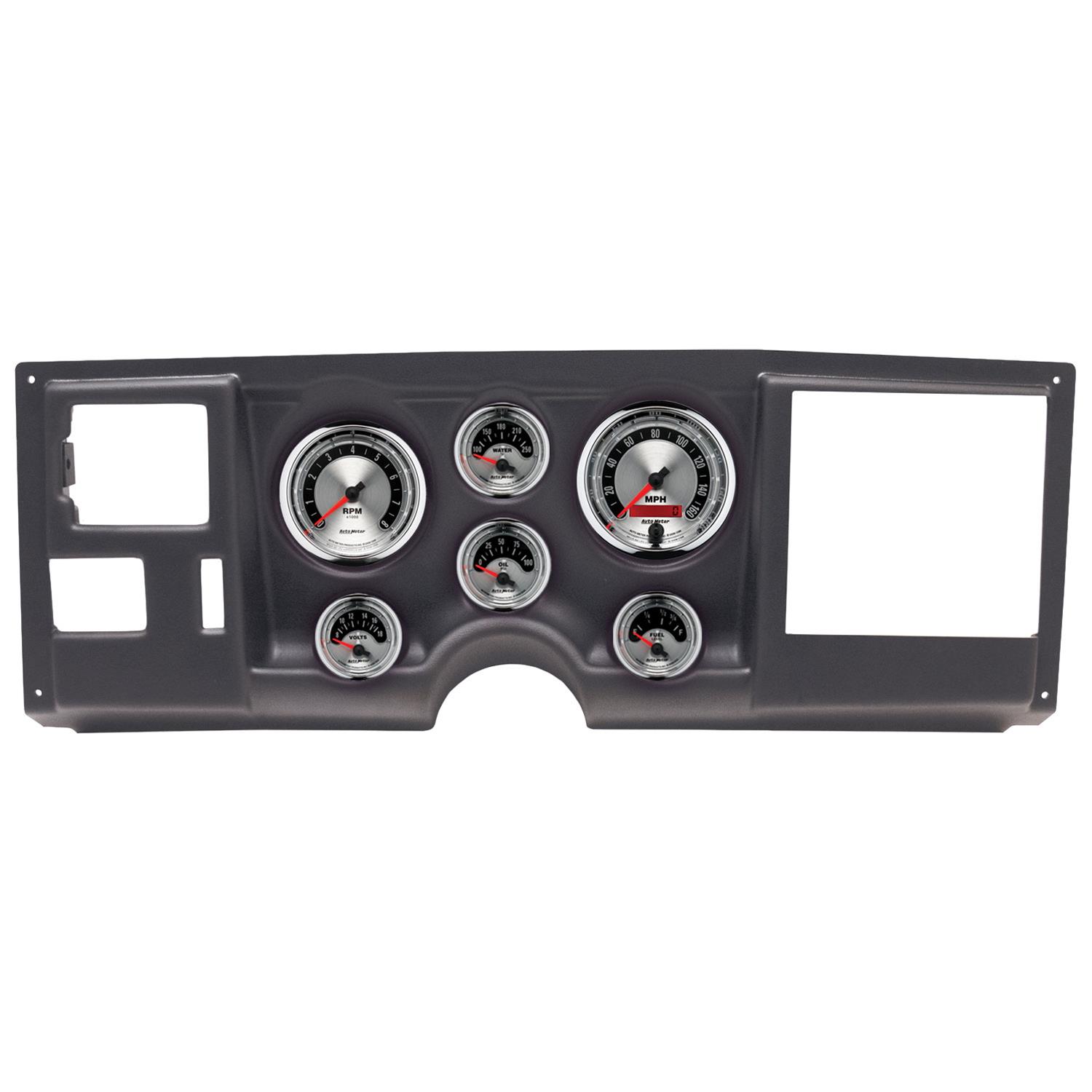 AutoMeter American Muscle Instrument Clusters 2925-01 Gauge Kit, Muscle, Analog, Silver Face, Speedometer, Tach, Oil, Water, Volt, Fuel, White Numbers, Red Pointers, Black Panel, Chevy, GMC, Kit