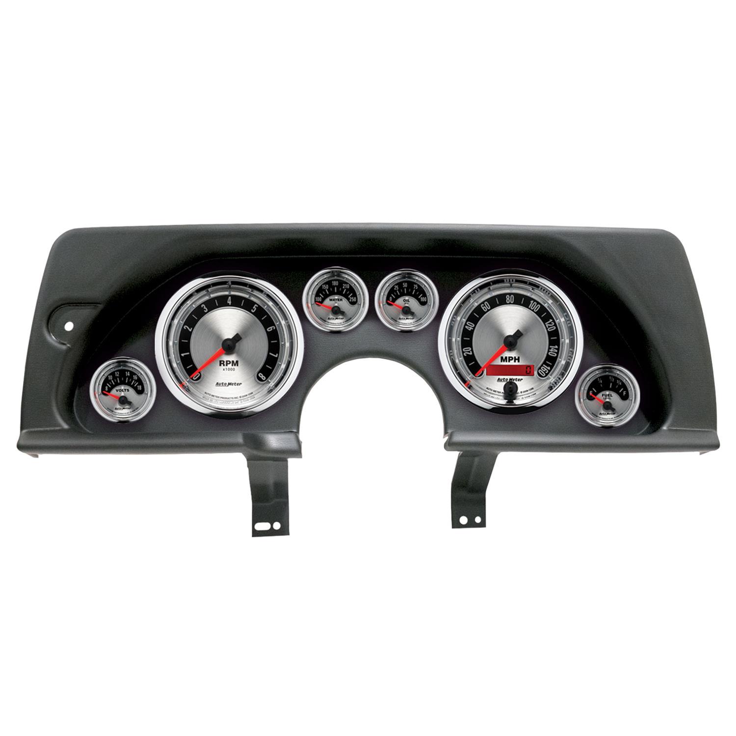 AutoMeter American Muscle Instrument Clusters for 1990-1992 CAMARO - 2926-01 Gauge Kit, Muscle, Analog, Silver Face, Speedometer, Tach, Oil, Water, Volt, Fuel, White Numbers, Red Pointers, Black Panel, Chevy, GMC, Kit