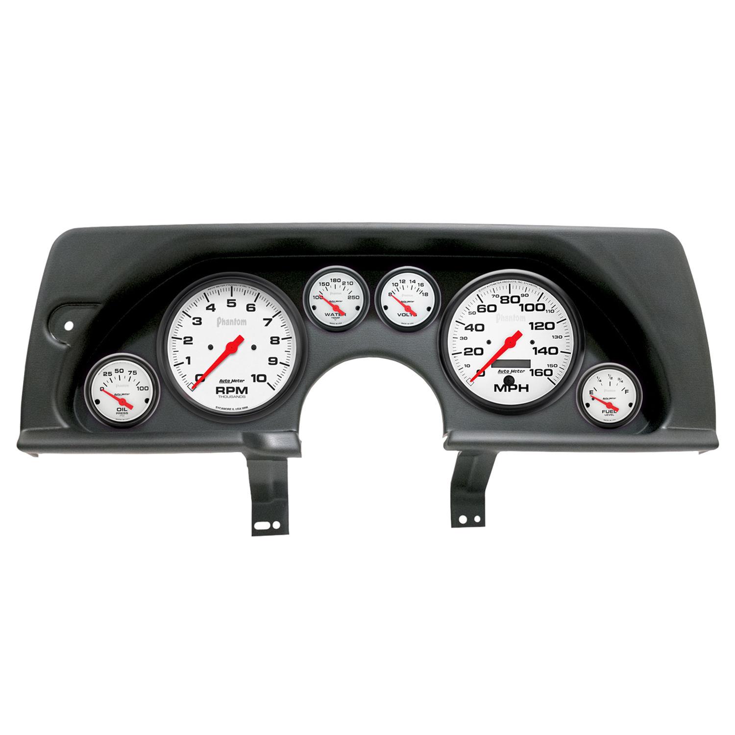 AutoMeter Phantom Instrument Clusters for 1990-1992 CAMARO - 2926-09 Gauge Kit, Phantom, Analog, White Face, Speedometer, Tach, Oil, Water, Volt, Fuel, Black Numbers, Red Pointers, Black Panel, Chevy, GMC, Kit