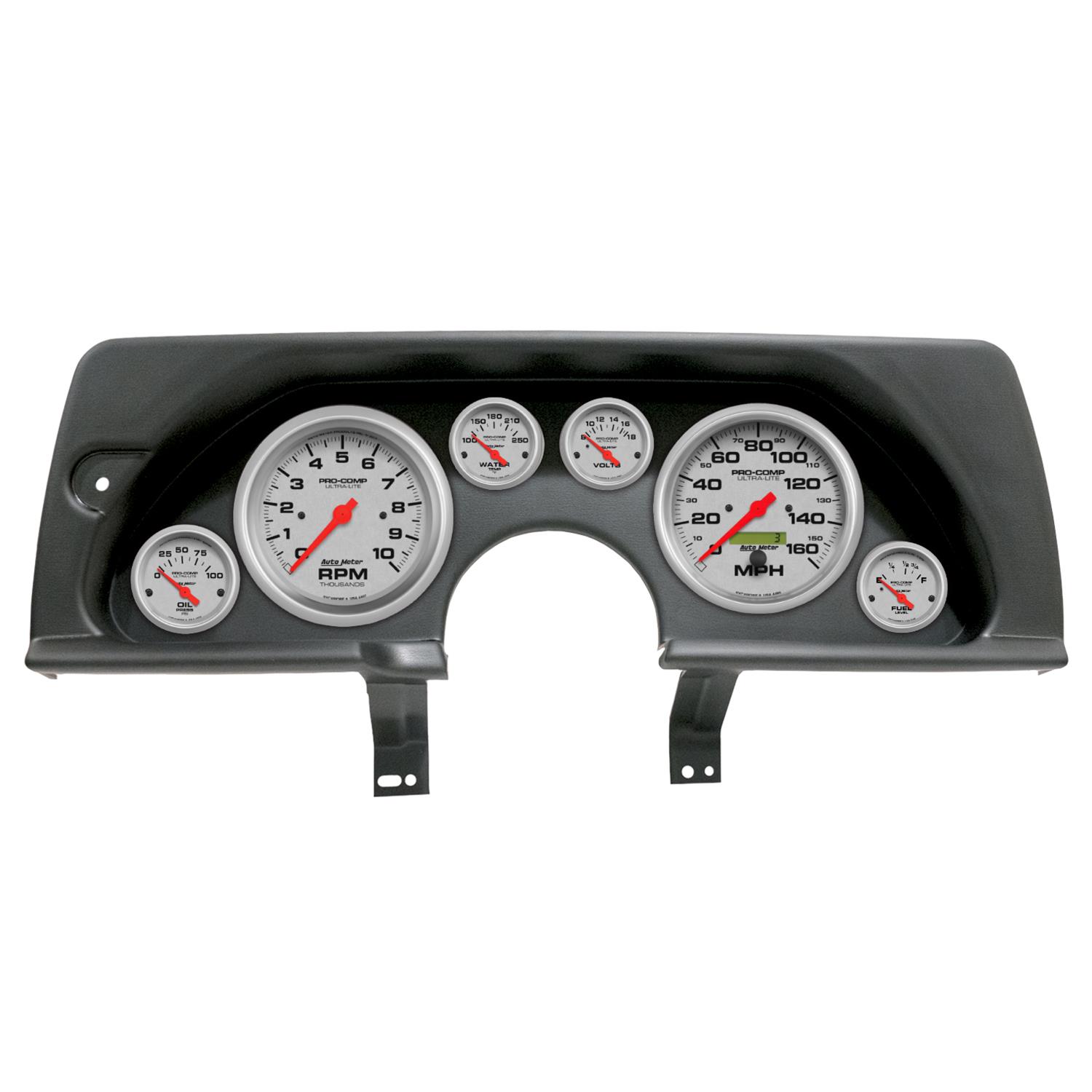 AutoMeter Ultra-Lite Instrument Clusters for 1990-1992 CAMARO - 2926-13 Gauge Kit, Ultra-Lite, Analog, Silver Face, Speedometer, Tach, Oil, Water, Volt, Fuel, Black Numbers, Red Pointers, Black Panel, Chevy, GMC, Kit