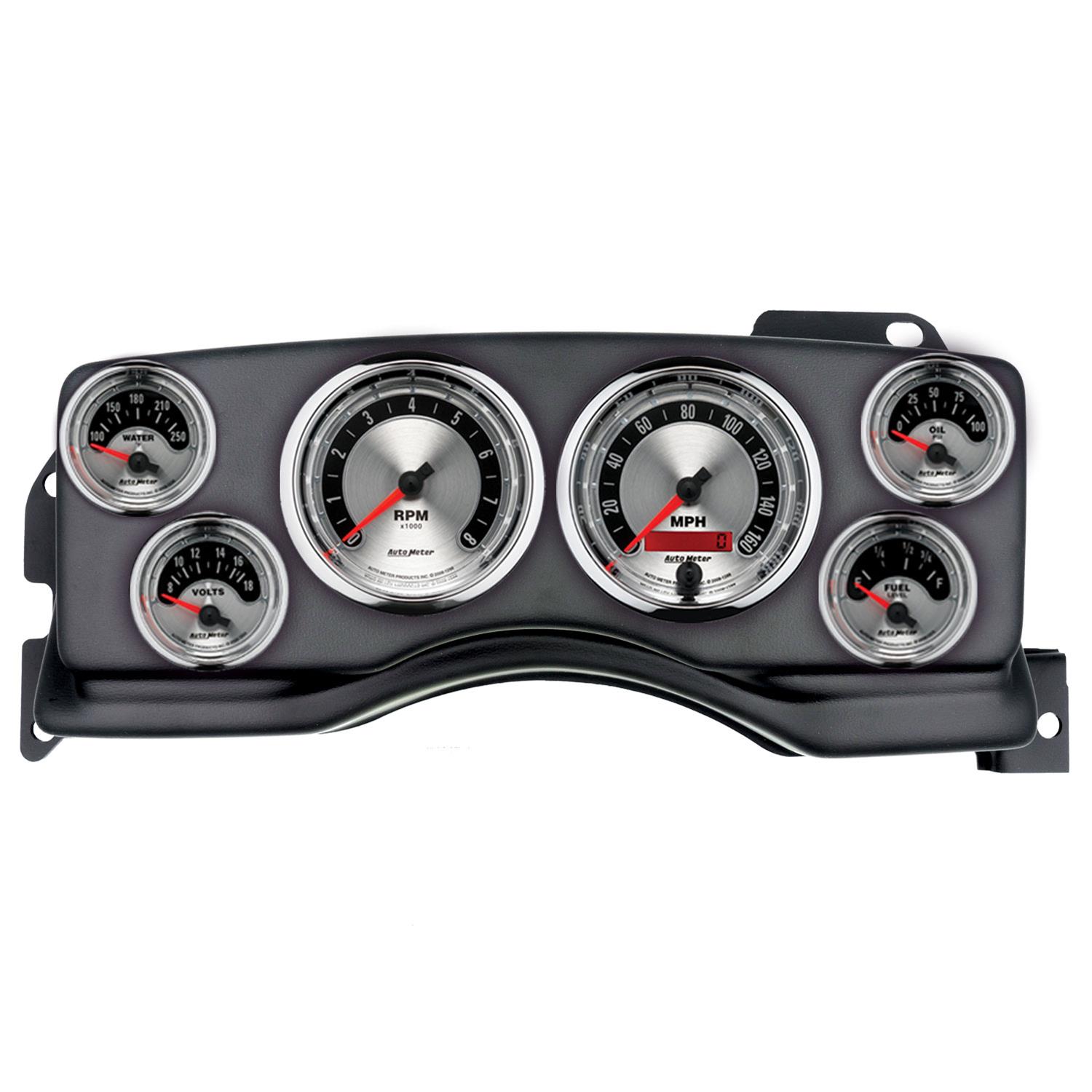 AutoMeter American Muscle Instrument Clusters for 1990-1993 MUSTANG - 2927-01 Gauge Kit, Muscle, Analog, Silver Face, Speedometer, Tach, Oil, Water, Volt, Fuel, White Numbers, Red Pointers, Black Panel, Ford, Kit
