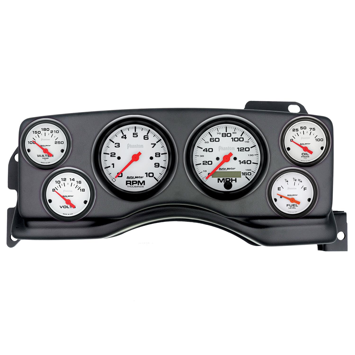 AutoMeter Phantom Instrument Clusters for 1990-1993 MUSTANG - 2927-09 Gauge Kit, Phantom, Analog, White Face, Speedometer, Tach, Oil, Water, Volt, Fuel, Black Numbers, Red Pointers, Black Panel, Ford, Kit