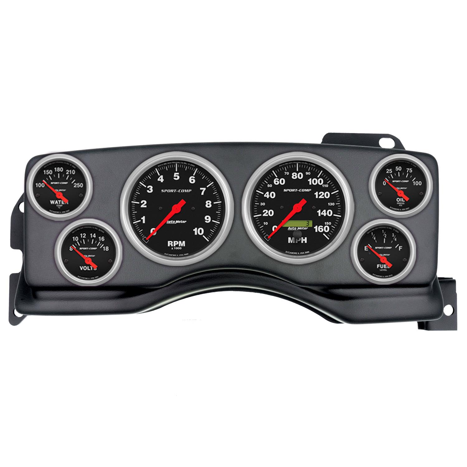 AutoMeter Sport-Comp Instrument Clusters for 1990-1993 MUSTANG - 2927-11 Gauge Kit, Sport-Comp, Analog, Black Face, Speedometer, Tach, Oil, Water, Volt, Fuel, White Numbers, Red Pointers, Black Panel, Ford, Kit