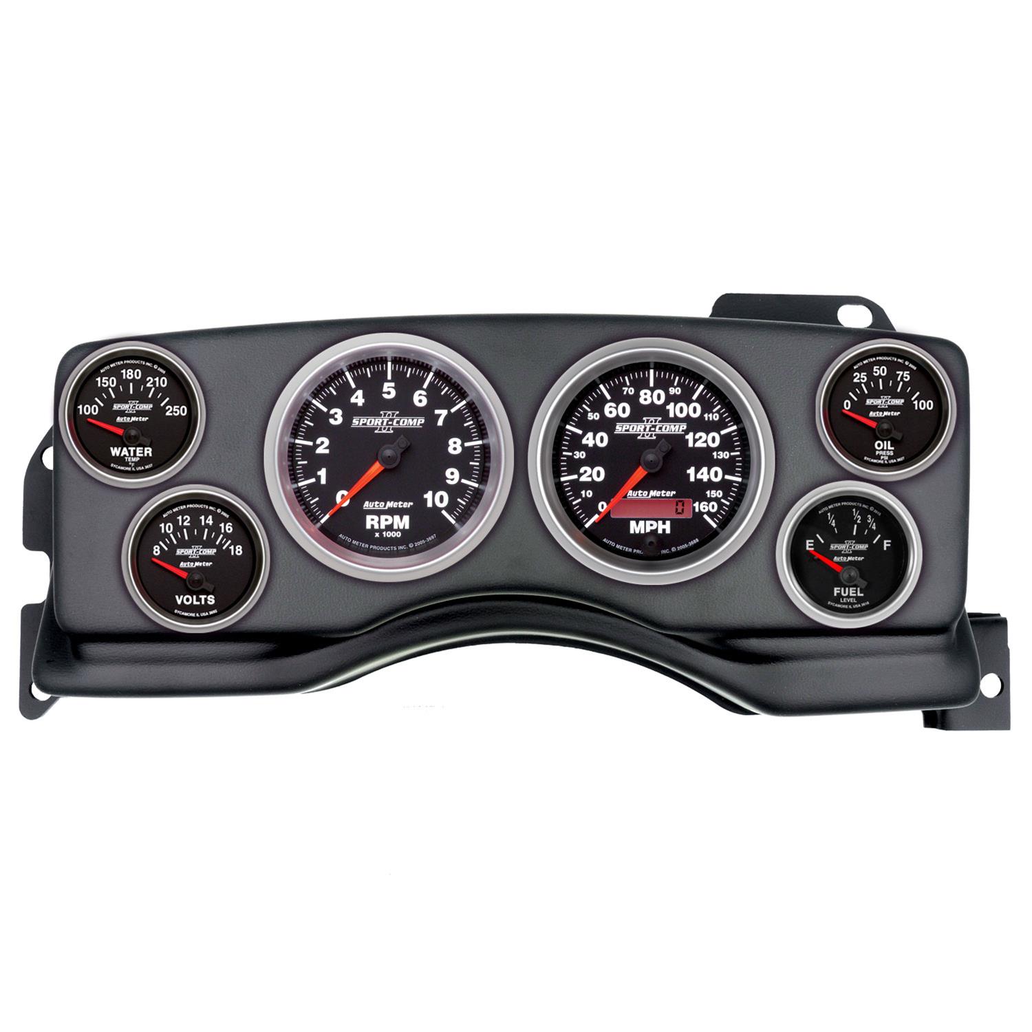 AutoMeter Sport-Comp II Instrument Clusters for 1990-1993 MUSTANG - 2927-12 Gauge Kit, II, Analog, Black Face, Speedometer, Tach, Oil, Water, Volt, Fuel, White Numbers, Red Pointers, Black Panel, Ford, Kit