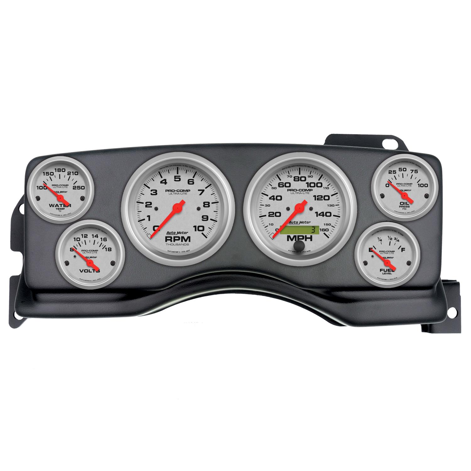 AutoMeter Ultra-Lite Instrument Clusters for 1990-1993 MUSTANG - 2927-13 Gauge Kit, Ultra-Lite, Analog, Silver Face, Speedometer, Tach, Oil, Water, Volt, Fuel, Black Numbers, Red Pointers, Black Panel, Ford, Kit