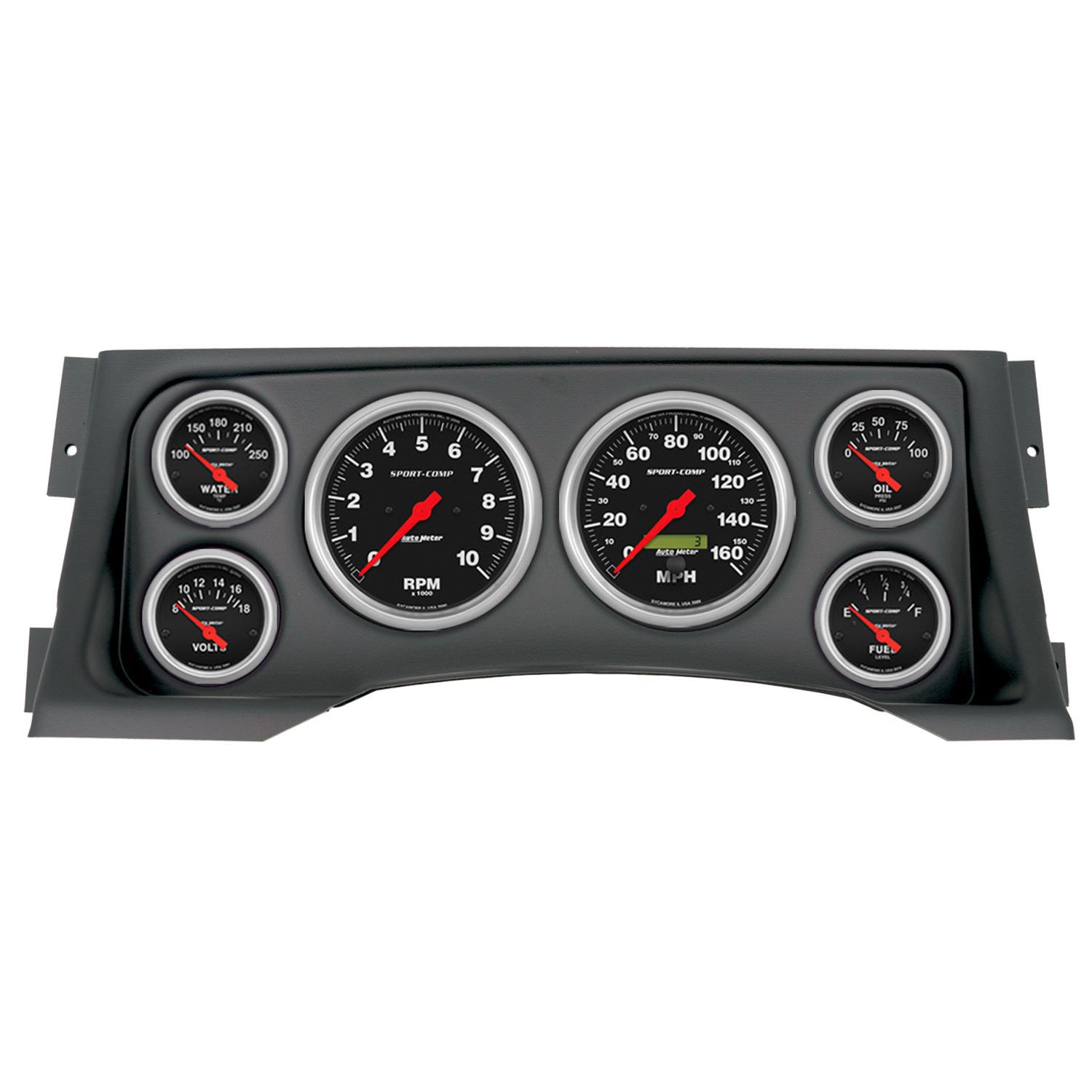 AutoMeter Sport-Comp Instrument Clusters 2928-11 Gauge Kit, Sport-Comp, Analog, Black Face, Speedometer, Tach, Oil, Water, Volt, Fuel, White Numbers, Red Pointers, Black Panel, Chevy, GMC, Kit