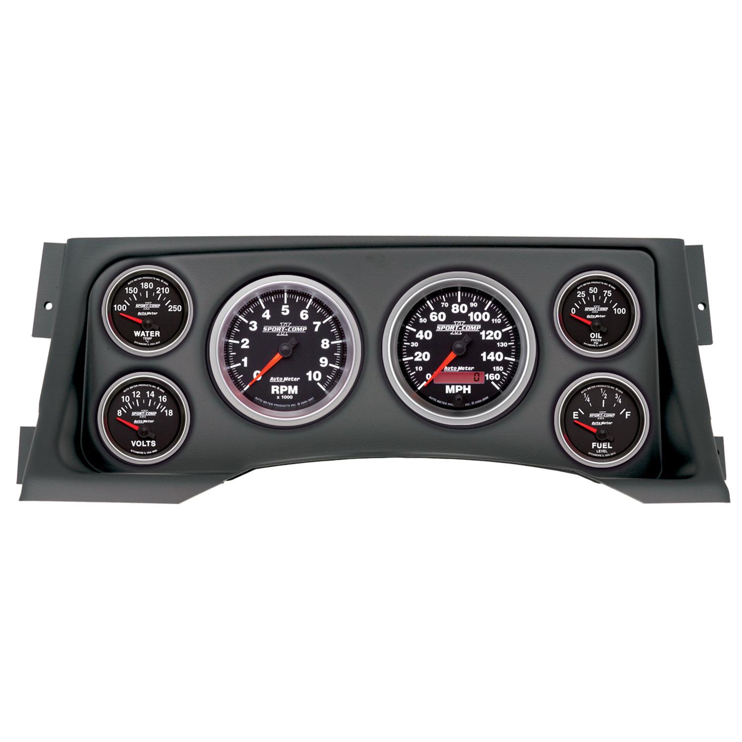 AutoMeter Sport-Comp II Instrument Clusters 2928-12 Gauge Kit, II, Analog, Black Face, Speedometer, Tach, Oil, Water, Volt, Fuel, White Numbers, Red Pointers, Black Panel, Chevy, GMC, Kit