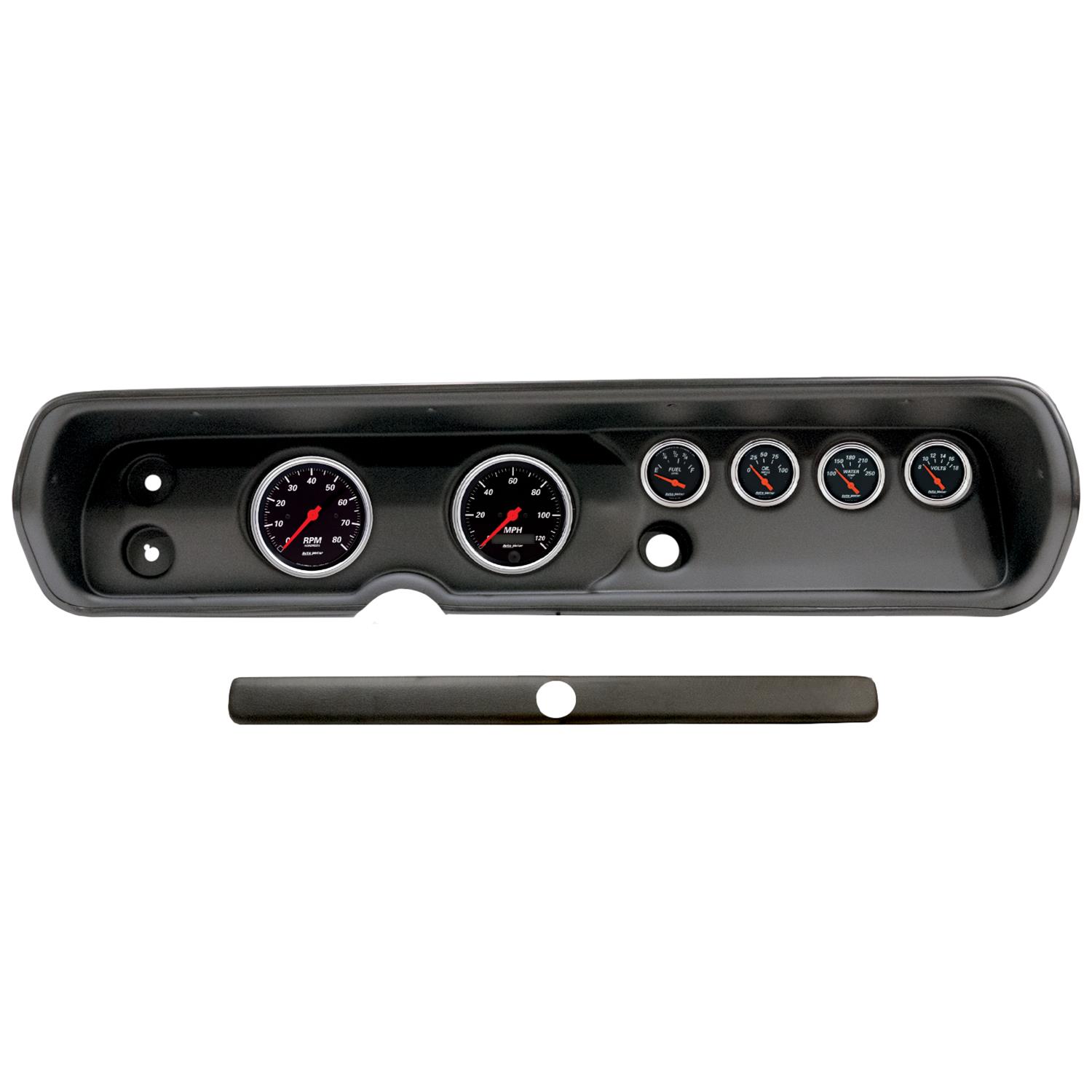 AutoMeter Designer Black Instrument Clusters for 1964-1965 CHEVELLE, EL CAMINO, MALIBU - 2929-06 Gauge Kit, Black, Analog, Speedometer, Tach, Oil, Water, Volt, Fuel, White Numbers, Red Pointers, Panel, Chevy, Kit