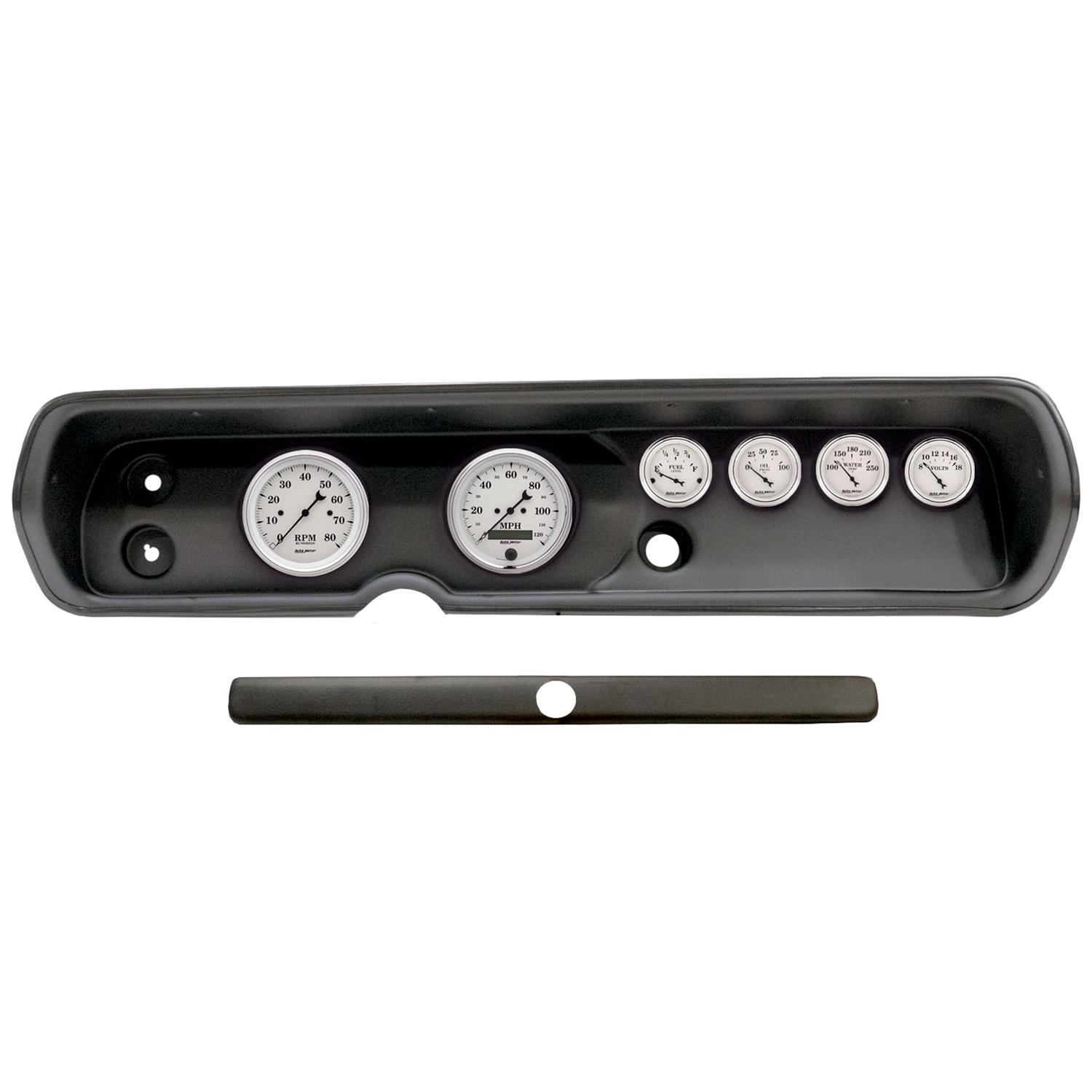 AutoMeter Old Tyme White Series Instrument Clusters for 1964-1965 CHEVELLE, EL CAMINO, MALIBU - 2929-08 Gauge Kit, White, Analog, Speedometer, Tach, Oil, Water, Volt, Fuel, Black Numbers and Pointers, Black Panel, Chevy, Kit