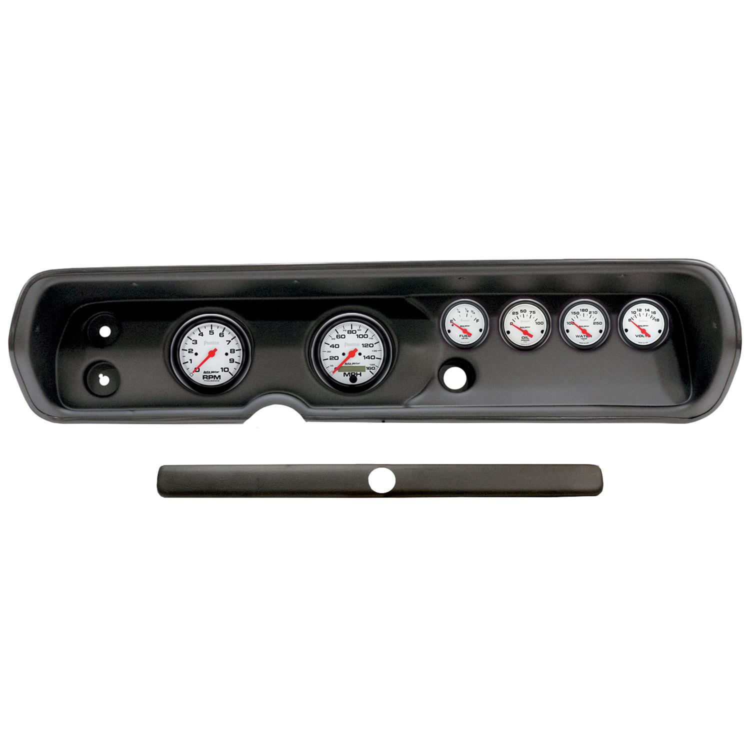 AutoMeter Phantom Instrument Clusters for 1964-1965 CHEVELLE, EL CAMINO, MALIBU - 2929-09 Gauge Kit, Phantom, Analog, White Face, Speedometer, Tach, Oil, Water, Volt, Fuel, Black Numbers, Red Pointers, Black Panel, Chevy, Kit