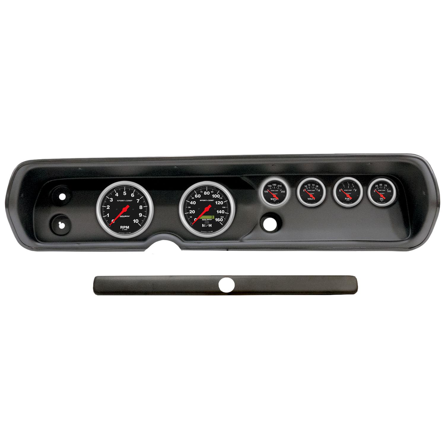 AutoMeter Sport-Comp Instrument Clusters for 1964-1965 CHEVELLE, EL CAMINO, MALIBU - 2929-11 Gauge Kit, Sport-Comp, Analog, Black Face, Speedometer, Tach, Oil, Water, Volt, Fuel, White Numbers, Red Pointers, Black Panel, Chevy, Kit