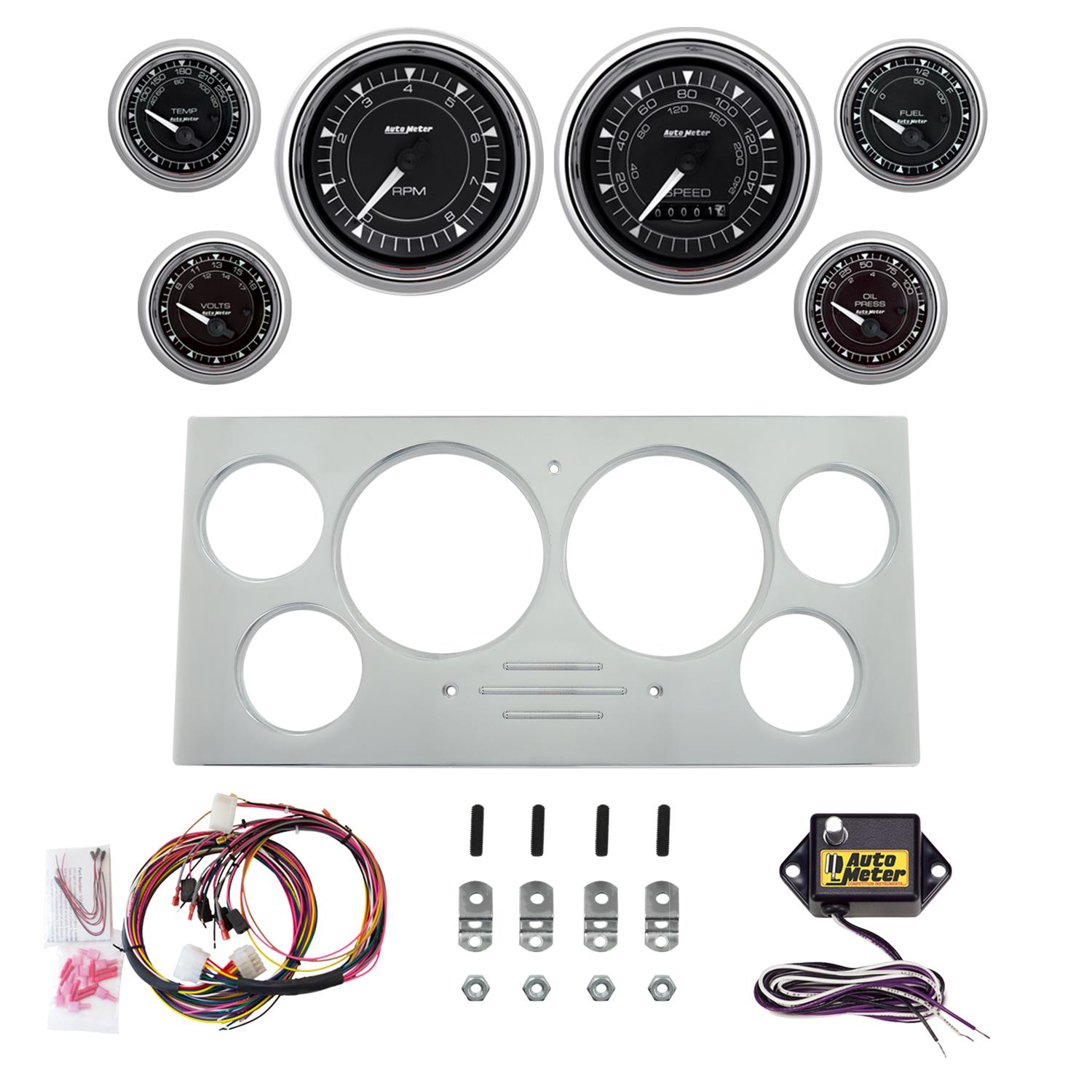AutoMeter Chrono Chrome 73-79 Ford Truck Billet Panel/Gauge Kit Super - 3-3/8in. (2) & 2-1/16in. (4)