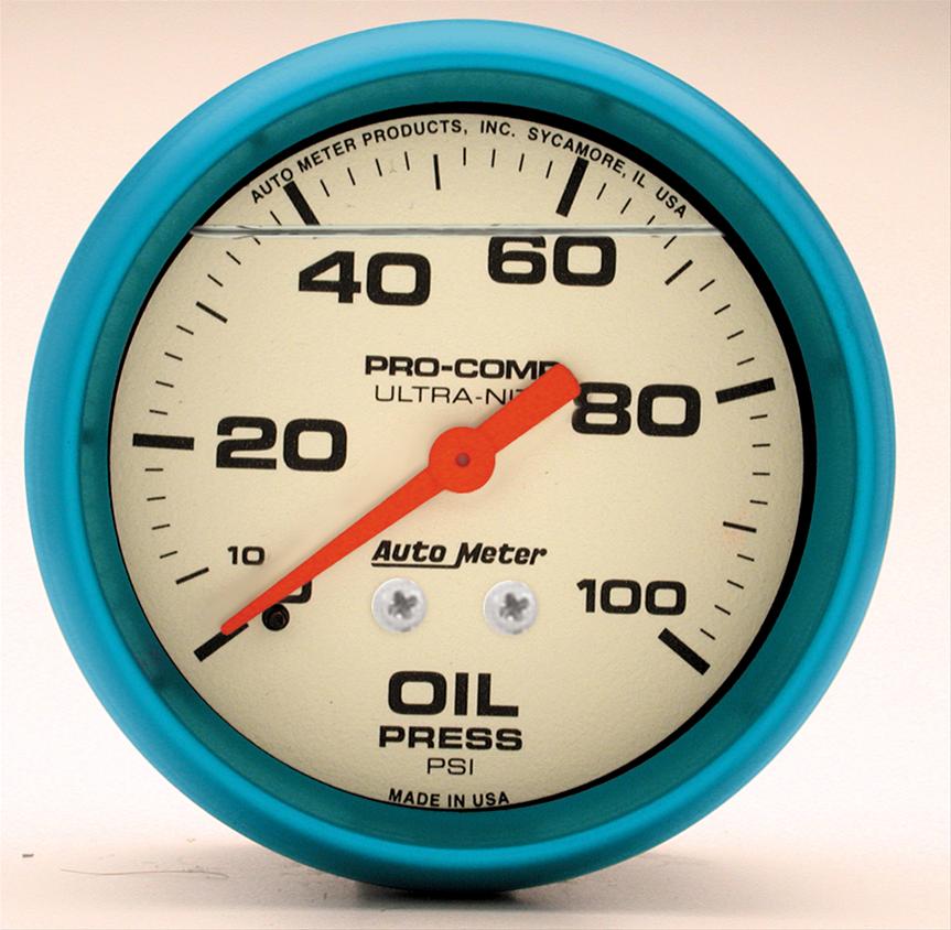 Autometer Ultra-Nite 2-5/8in 0-100 PSI Liquid Filled Mechanical Glow In Dark Oil Pressure Gauge