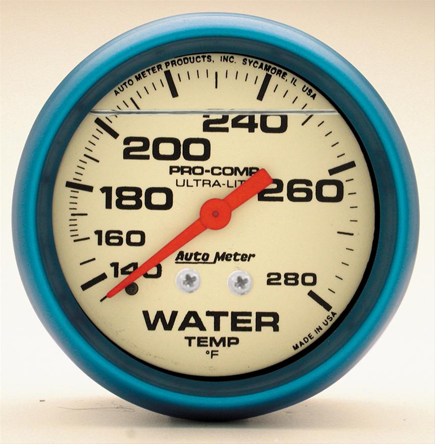 AutoMeter Gauge Wtemp 2-5/8in. 140-280 Deg. F Liq Filled Mech 4ft. Glow In Dark Ultra-Nite