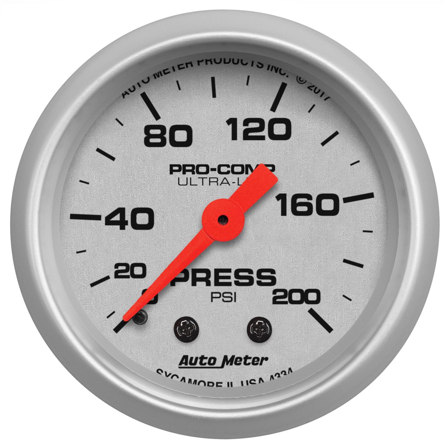 AutoMeter Ultra-Lite Analog Gauges 4334 Gauges, Gauges, Pressure, 0-200 psi, 2 1/16 in., Silver Face, Black Numbers, Silver Bezel, Illuminated, Mechanical, Each