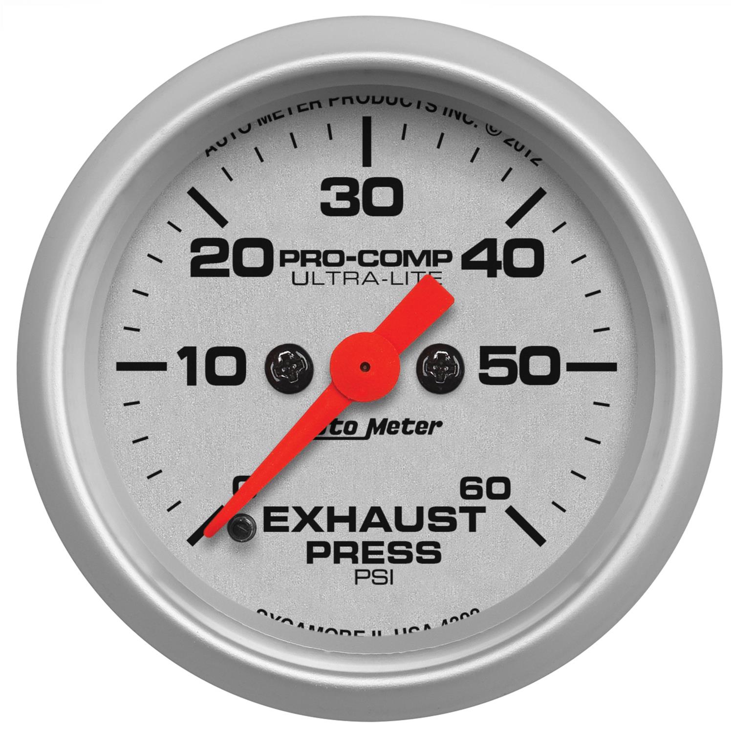 AutoMeter Ultra-Lite Analog Gauges 4392 Gauges, Gauges, Exhaust Back Pressure, 0-60 psi, 2 1/16 in., Silver Face, Black Numbers, Silver Bezel, Illuminated, Electrical, Each