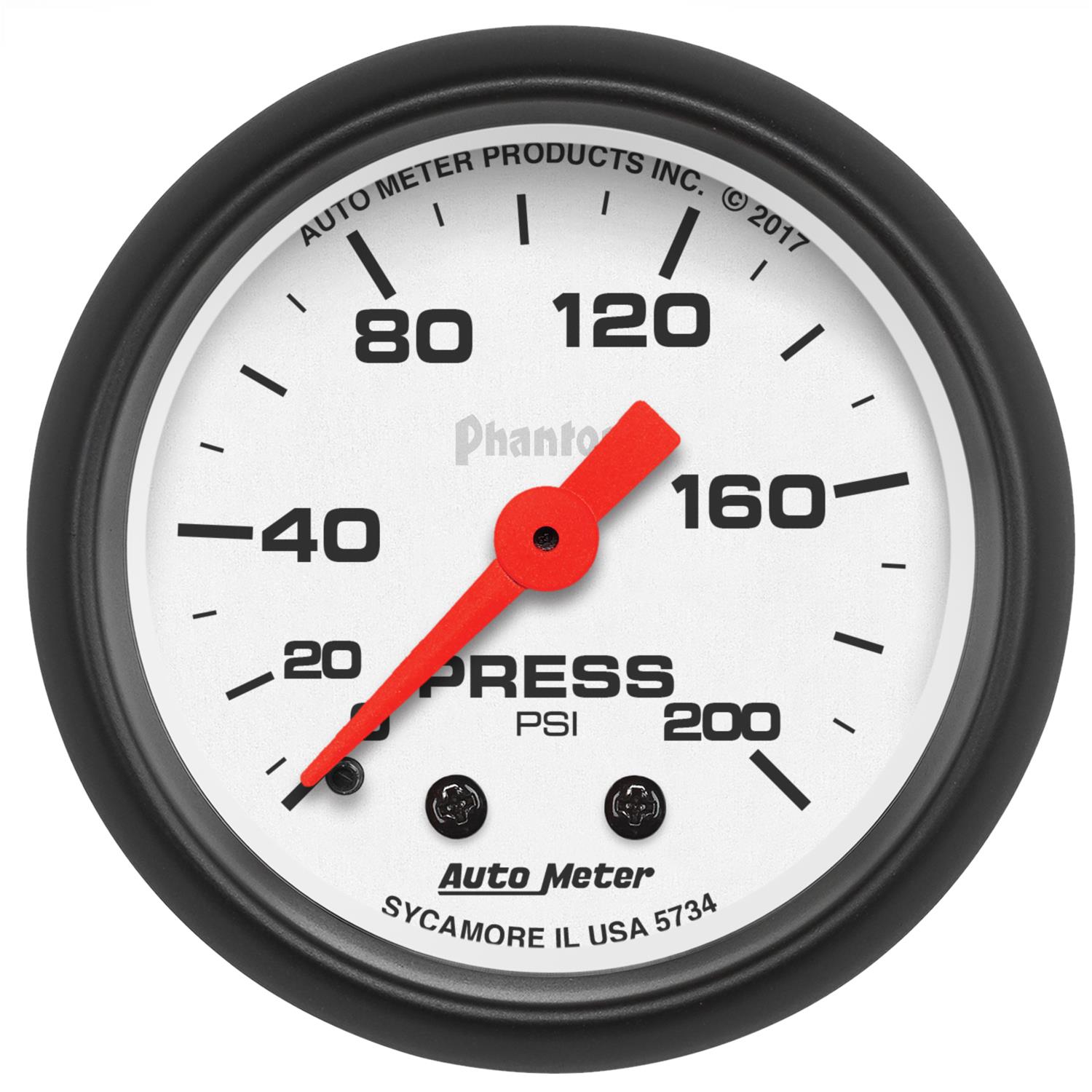 AutoMeter Phantom Analog Gauges 5734 Gauge, Phantom, Air Pressure, 2 1/16 in., 0-200 psi, Full Sweep, White Face, Red Pointer, Black Bezel, Mechanical, Each