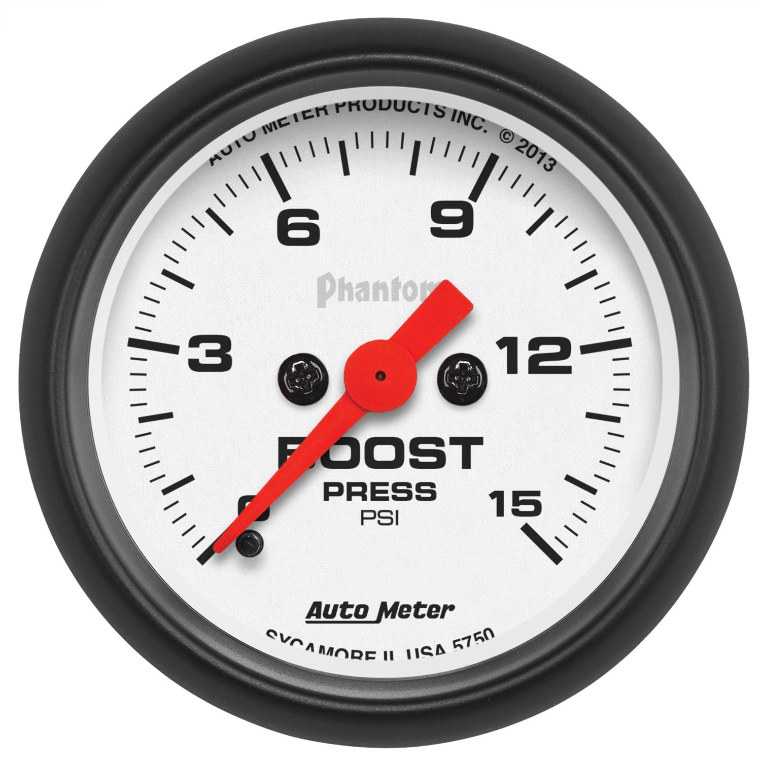 AutoMeter Phantom Analog Gauges 5750 Gauge, Phantom, Boost Pressure, 2 1/16 in., 0-15 psi, Full Sweep, White Face, Red Pointer, Black Bezel, Electrical, Each