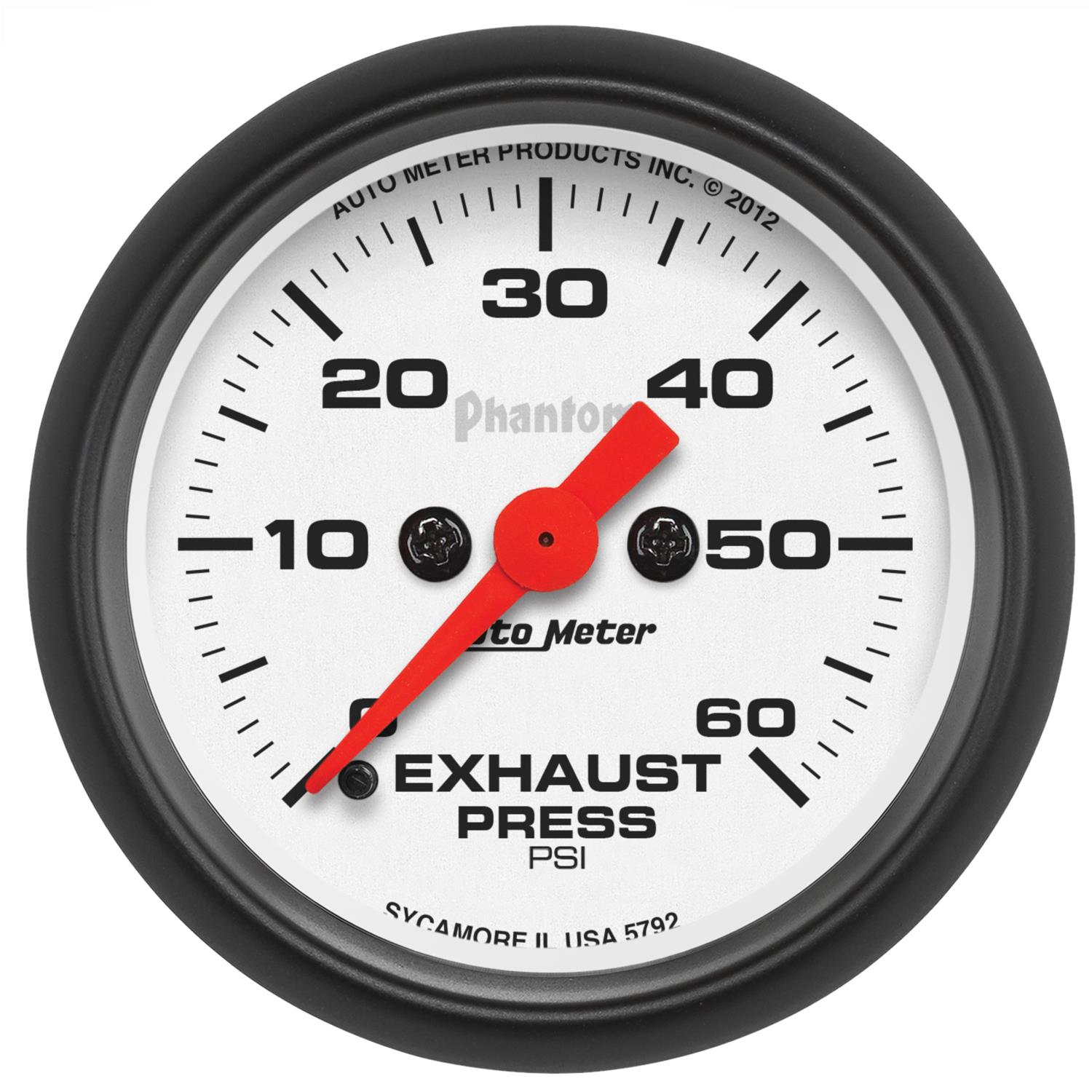 AutoMeter Phantom Analog Gauges 5792 Gauge, Phantom, Exhaust Back Pressure, 2 1/16 in., 0-60 psi, Full Sweep, White Face, Red Pointer, Black Bezel, Electrical, Each