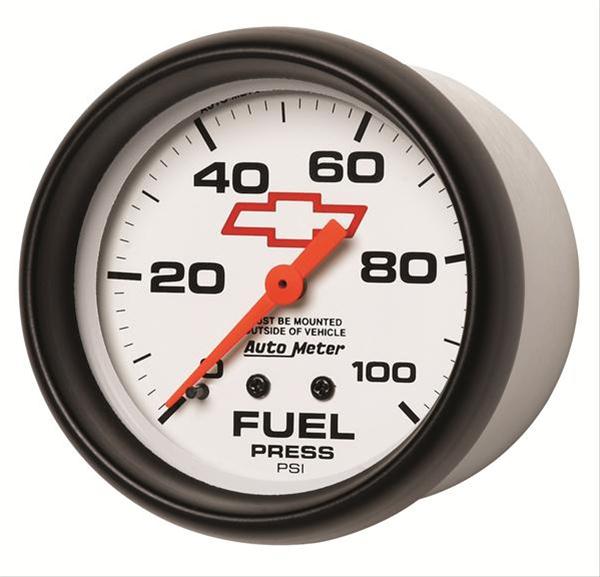 AutoMeter Gauge Fuel Press 2-5/8in. 100PSI Mechanical Chevy Red Bowtie White thumbnail 2