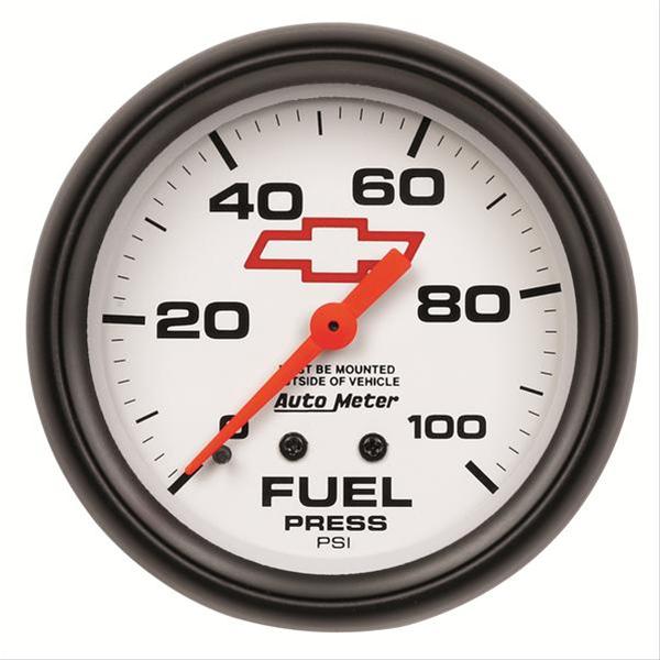 AutoMeter Gauge Fuel Press 2-5/8in. 100PSI Mechanical Chevy Red Bowtie White