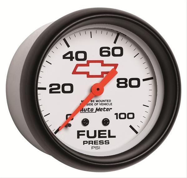 AutoMeter Gauge Fuel Press 2-5/8in. 100PSI Mechanical Chevy Red Bowtie White thumbnail 3